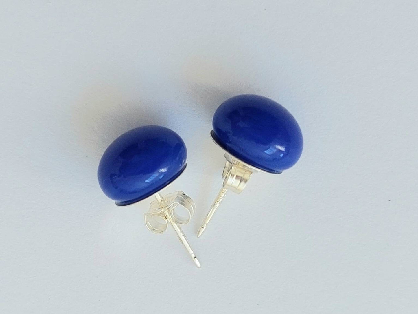 Cobalt Blue Glass Stud Earrings, Handmade Dark Blue Fused Glass Studs with 925 Sterling Silver Posts and Butterflies, Elegant Blue Earrings