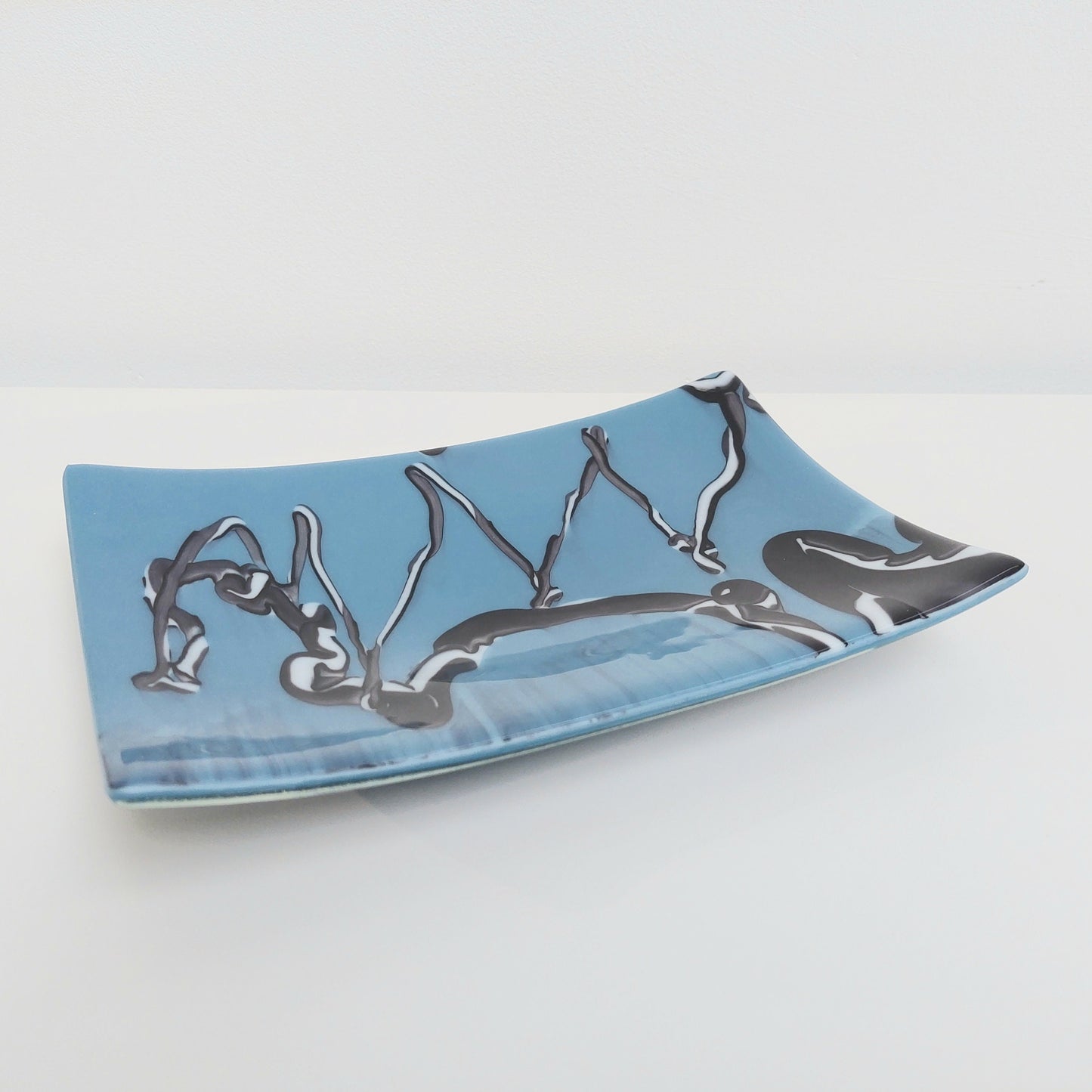 Graffiti Glass Art Plate, Unusual Handcrafted Slate Blue Fused Glass Plate with Black and White Abstract Design, Coffee Table Centrepiece