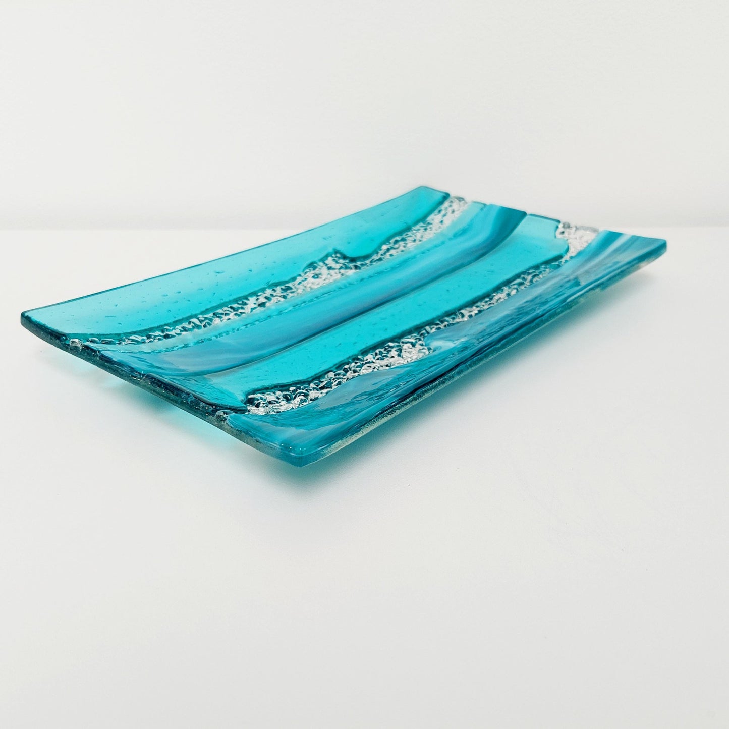 Teal and Aqua Glass Art Plate, Handmade Textured Fused Glass Decorative Tray, Artisan Teal Coffee Table Centrepiece, Beach House Décor