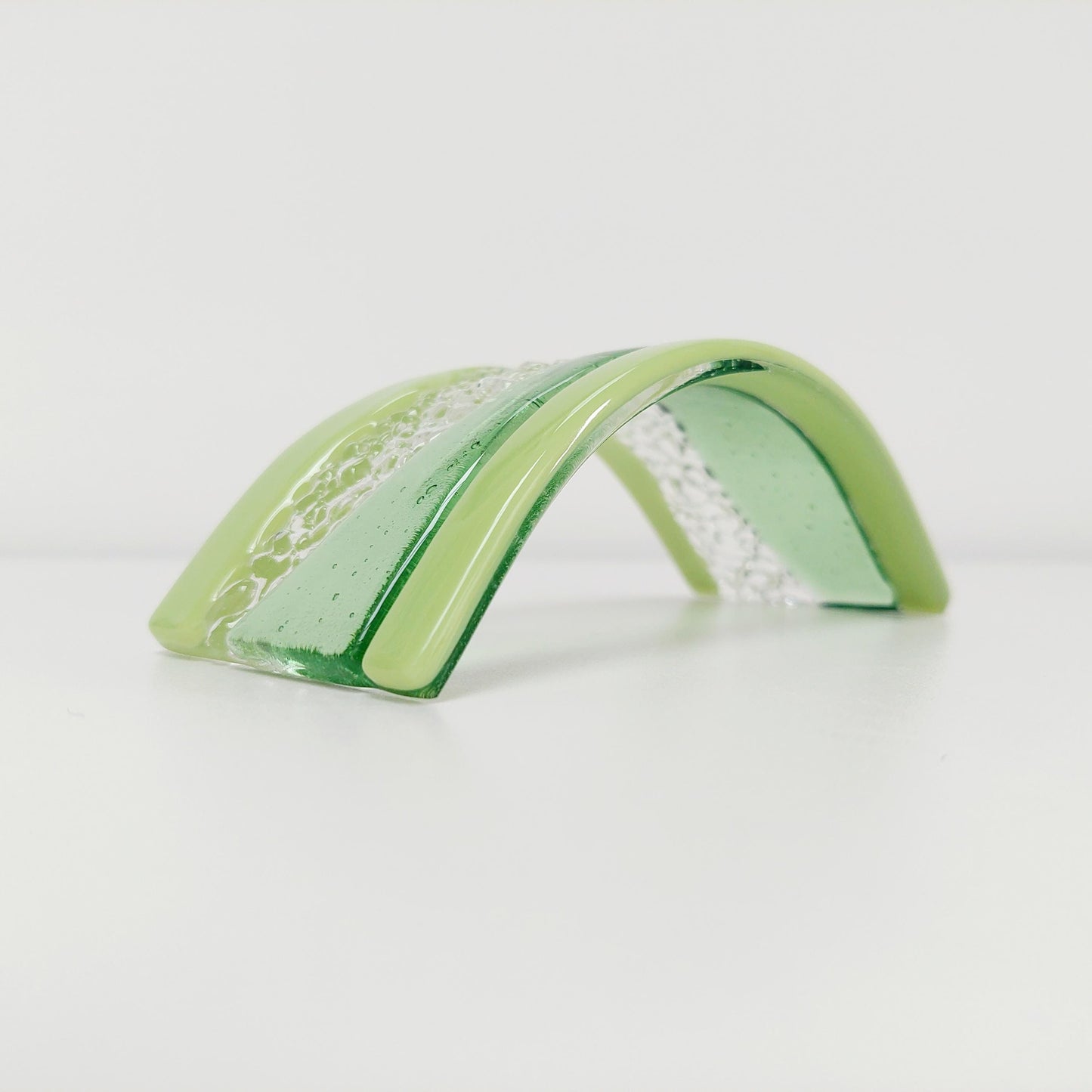 Lime Green Glass Art Curve, Handmade Leaf and Lime Green Fused Glass Windowsill Ornament, Freestanding Suncatcher, Green Living Room Décor