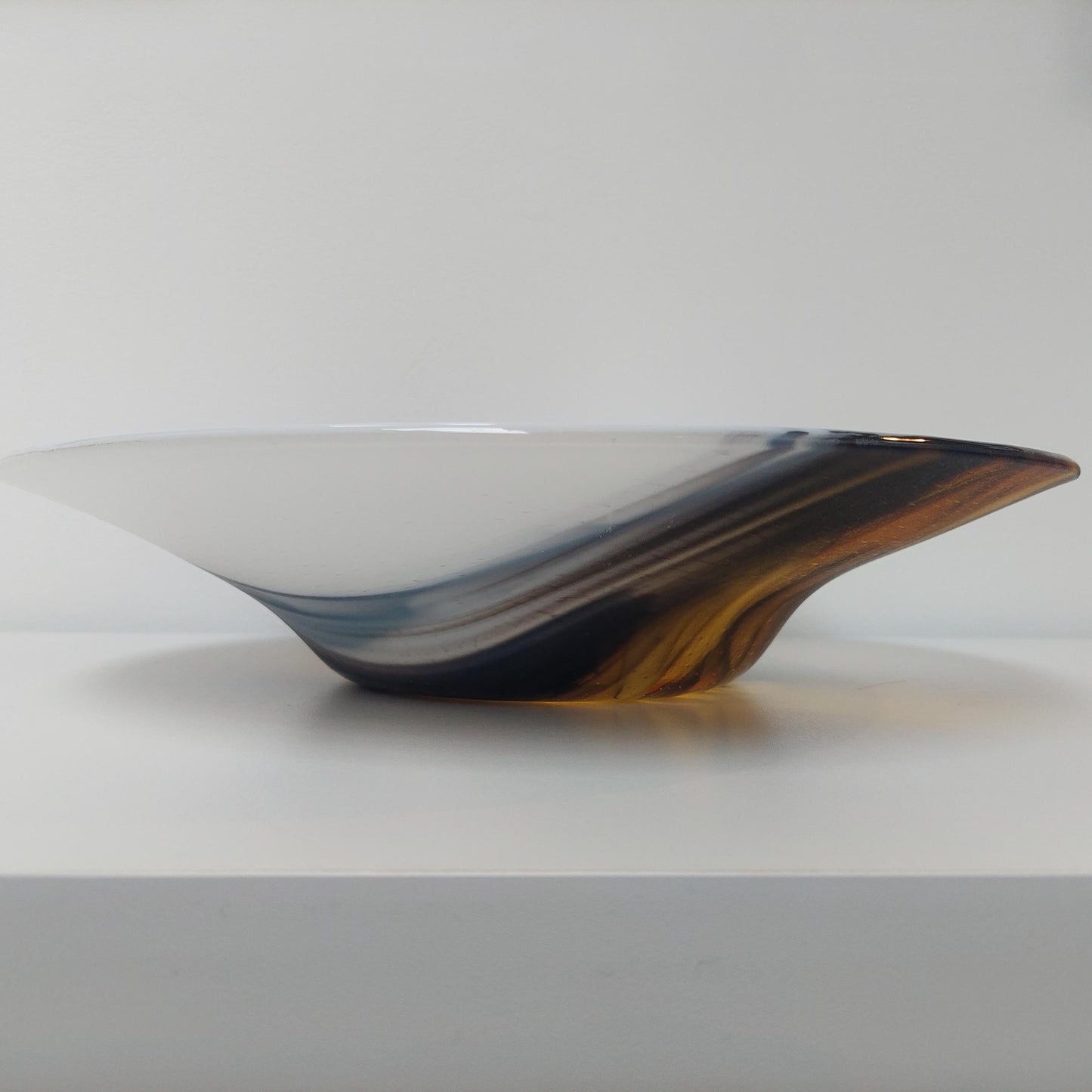 Golden Cascade Glass Art Bowl, Large Handcrafted White Kiln Formed Bowl with an Abstract Gold and Black Design, Artisanal Wedding Gift