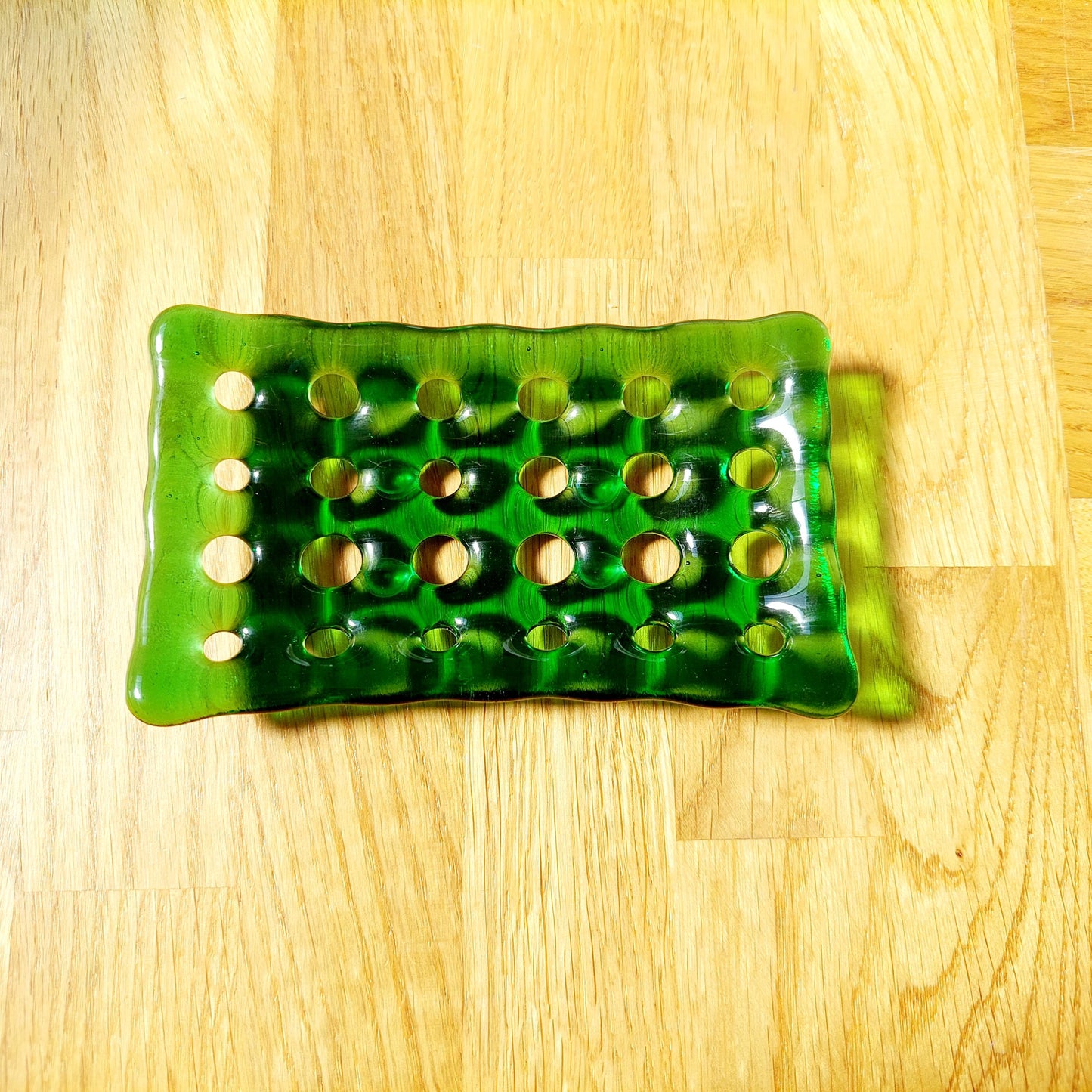Rectangular Green Glass Soap Dish with Holes, Light Green Bathroom Decor