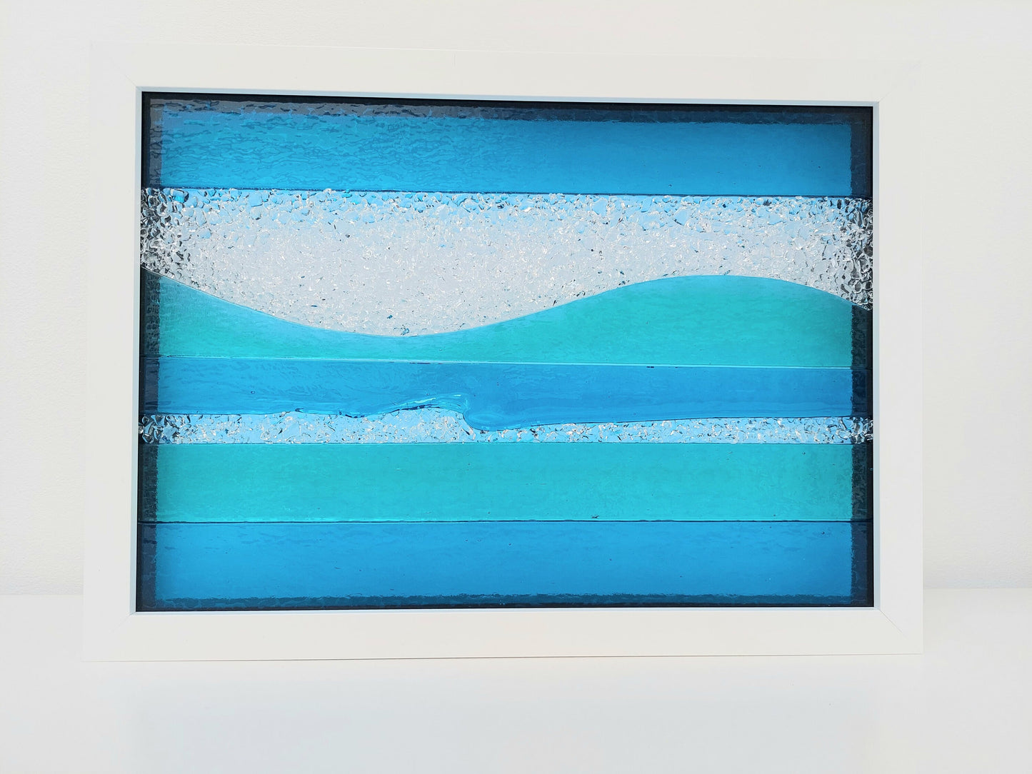 Summer in Keswick Glass Art Framed Picture, Large Handmade Aqua and Turquoise Fused Glass Artisan Picture, Glass Wall Art, Beach House Décor