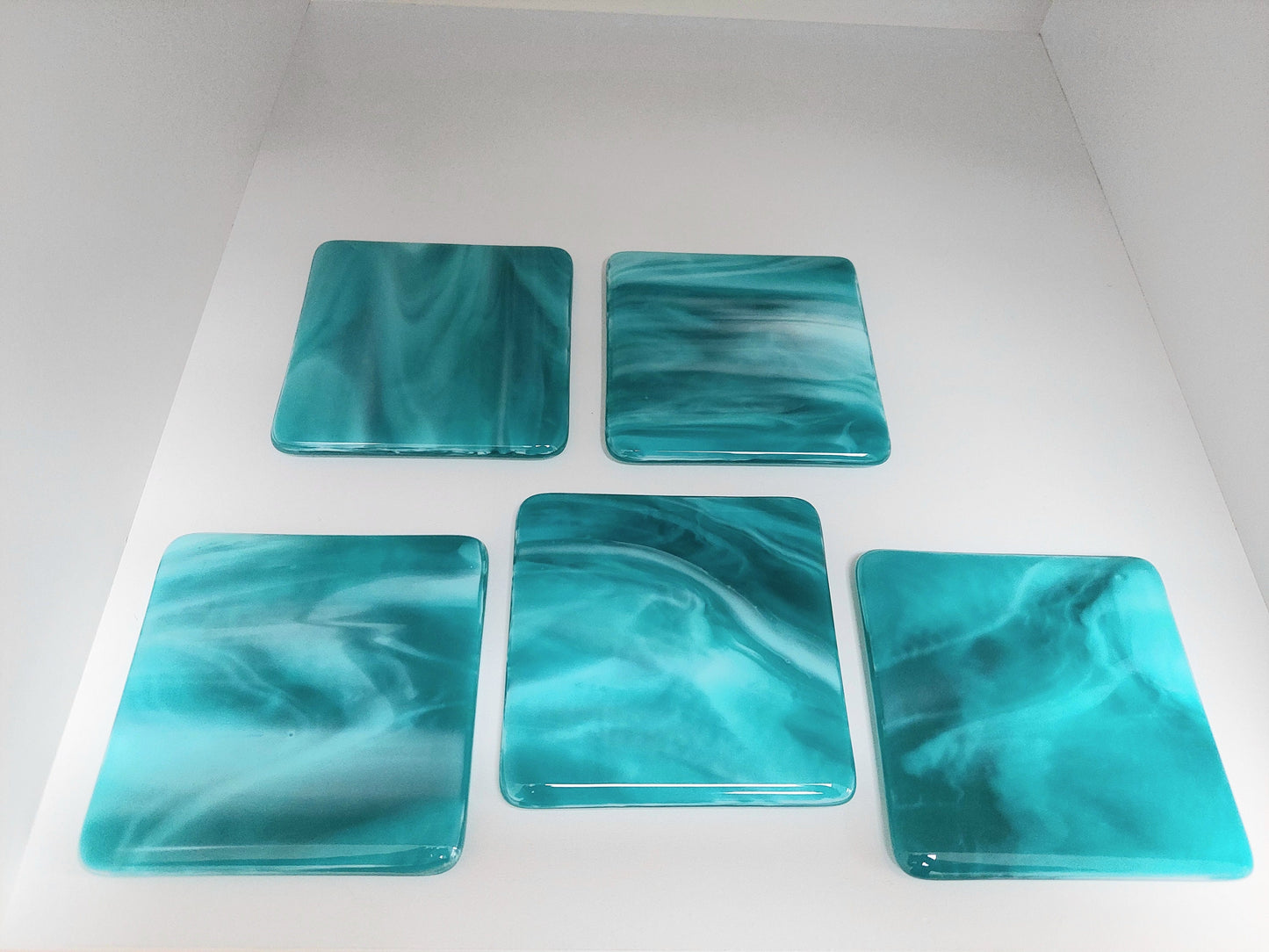 Teal Glass Art Coasters Handcrafted in the Lake District, Individual or Set of Fused Glass Coasters, Teal Home Decor, Practical Artisan Gift