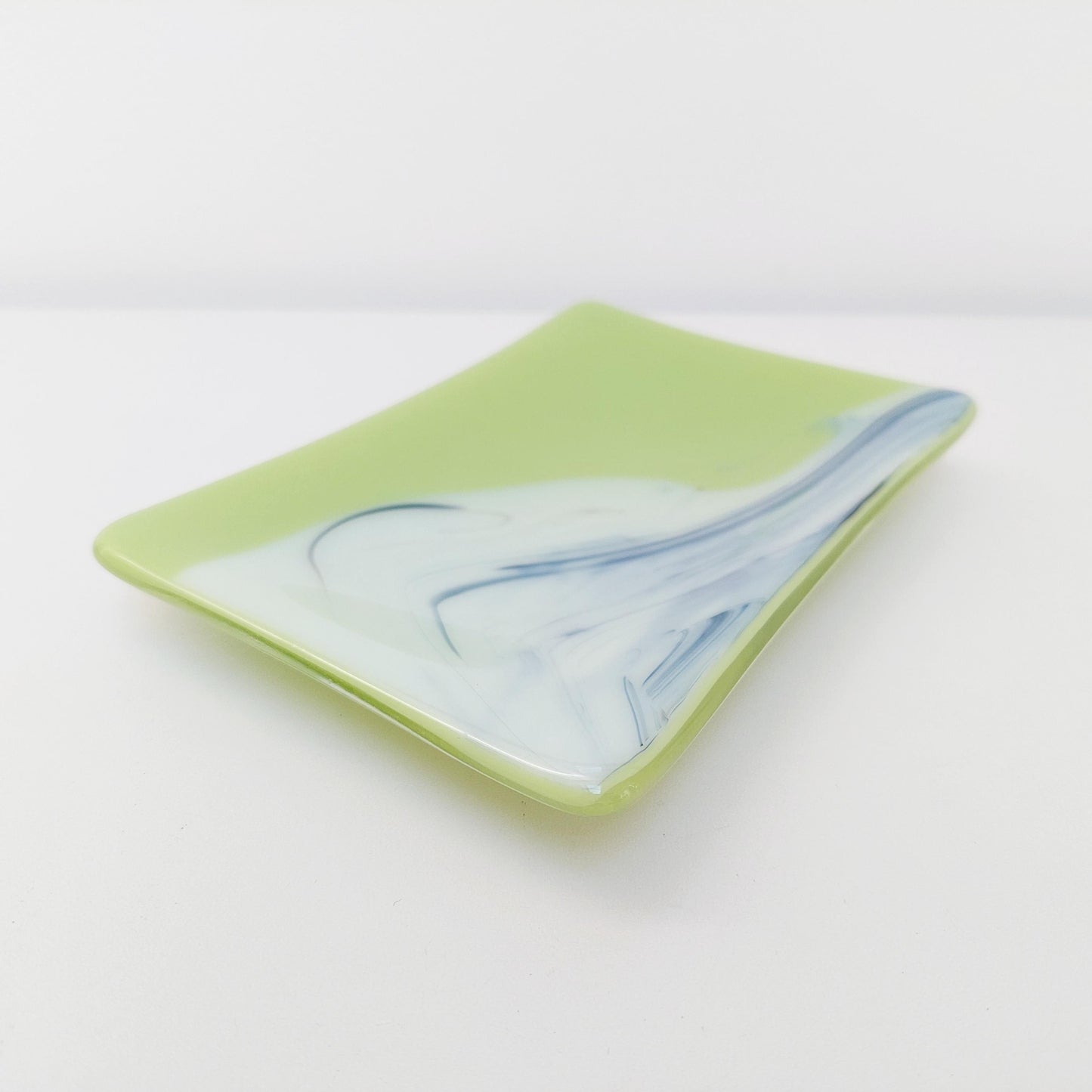 Lime Graffiti Glass Trinket Dish, Handcrafted Green Fused Glass Art Dish with an Abstract Royal Blue and White Design, Lime Green Décor
