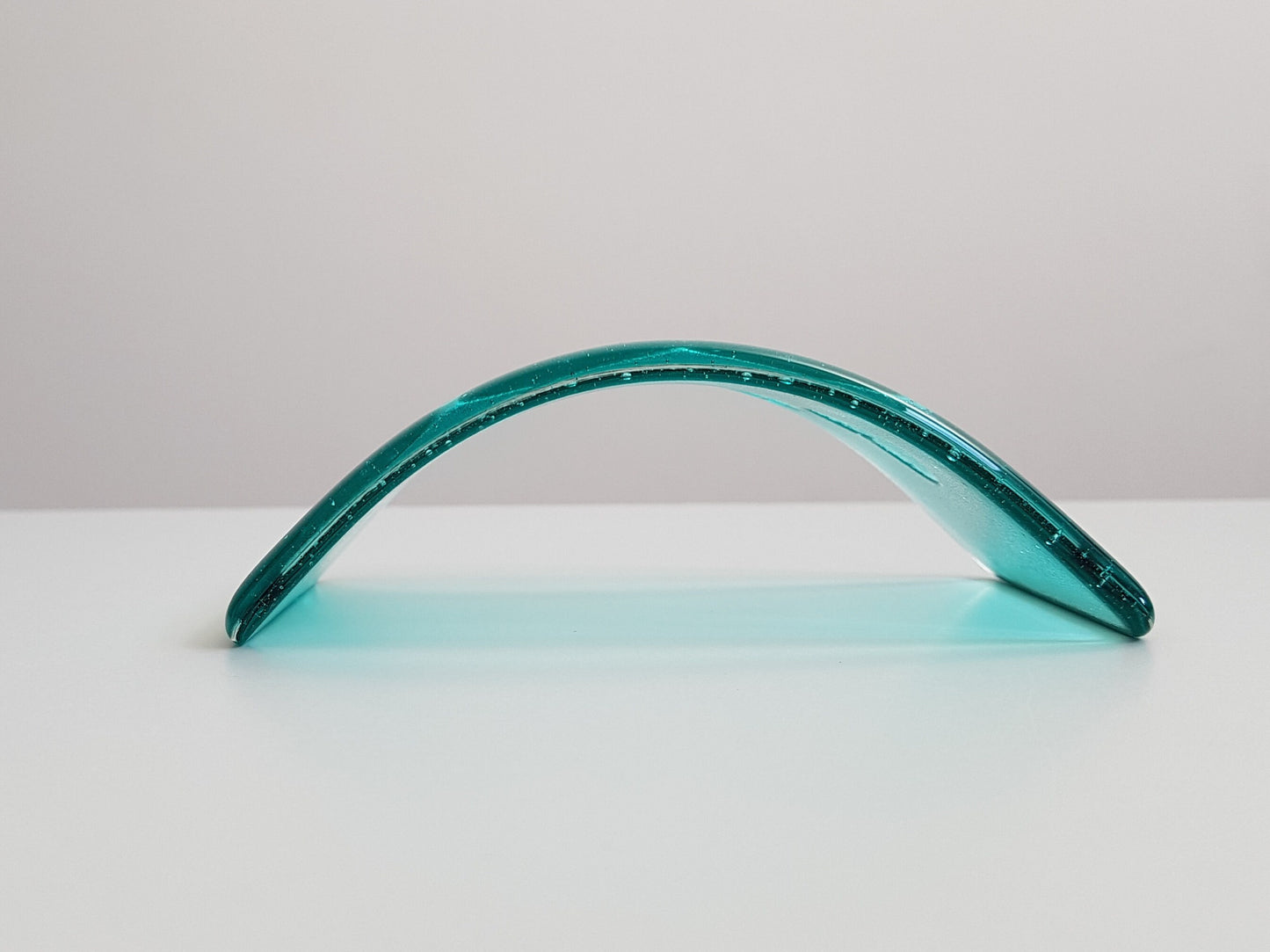 Aqua Glass Heart Ornament, Handmade Fused Glass Curve
