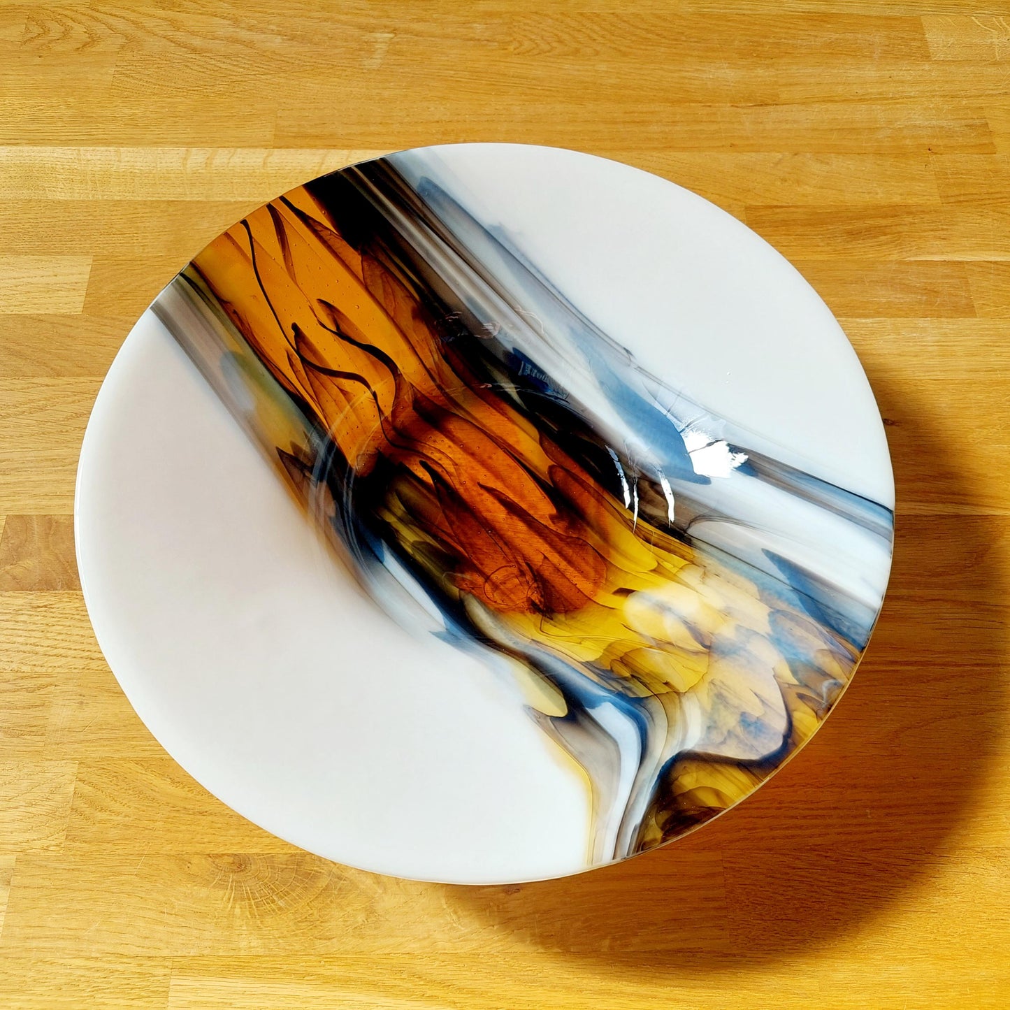 Golden Cascade Glass Art Bowl, Large Handcrafted White Kiln Formed Bowl with an Abstract Gold and Black Design, Artisanal Wedding Gift