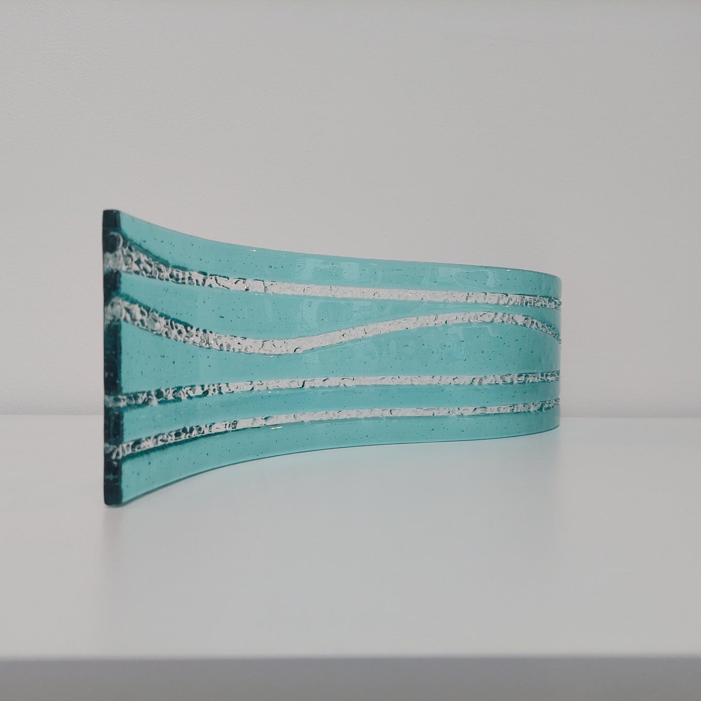 Large Abstract Aqua Glass Wave, Handmade Fused Glass Mantlepiece Ornament, Living Room Statement Piece, Aquamarine Décor, Beach House Décor