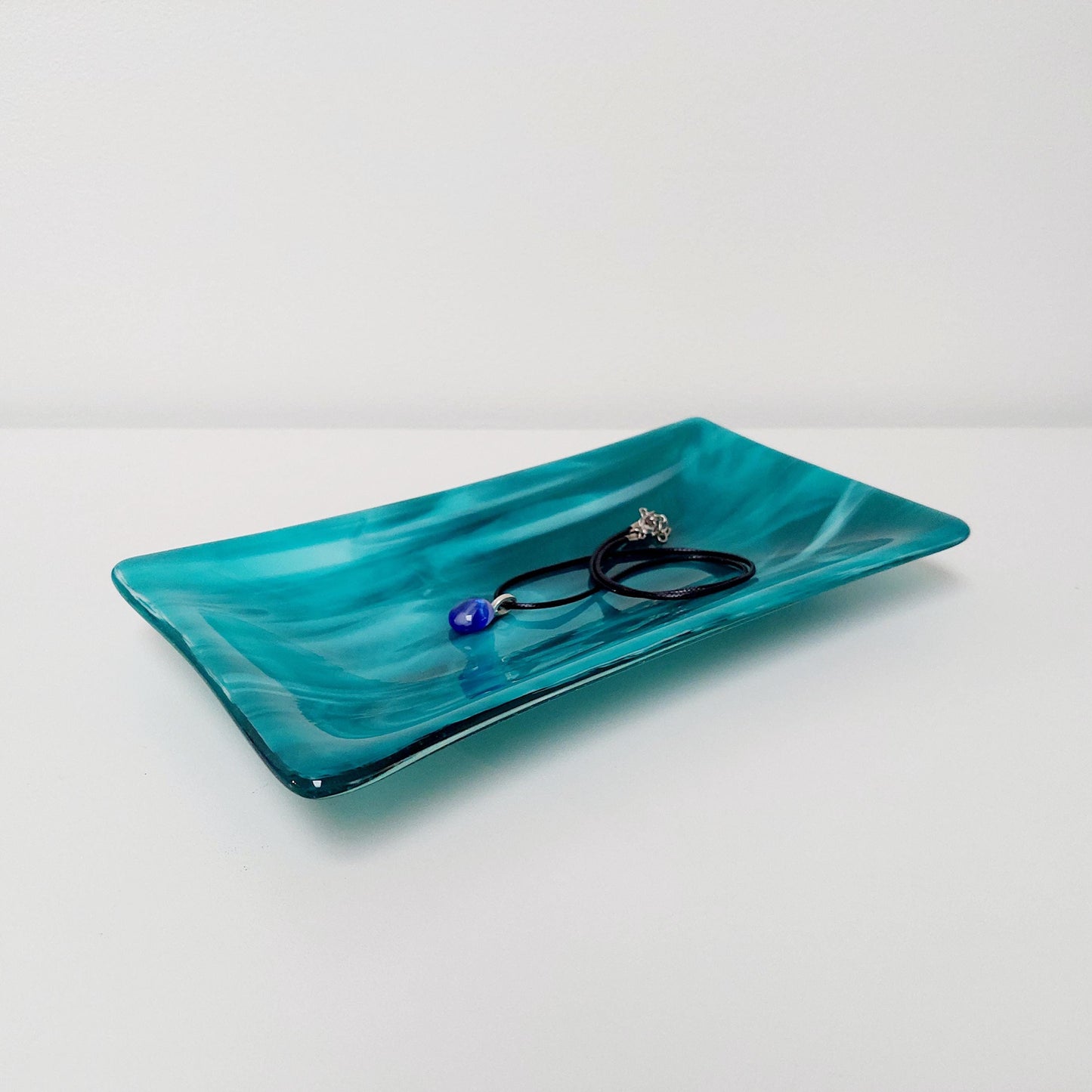 Handmade Teal Fused Glass Platter, Coffee Table Trinket Dish