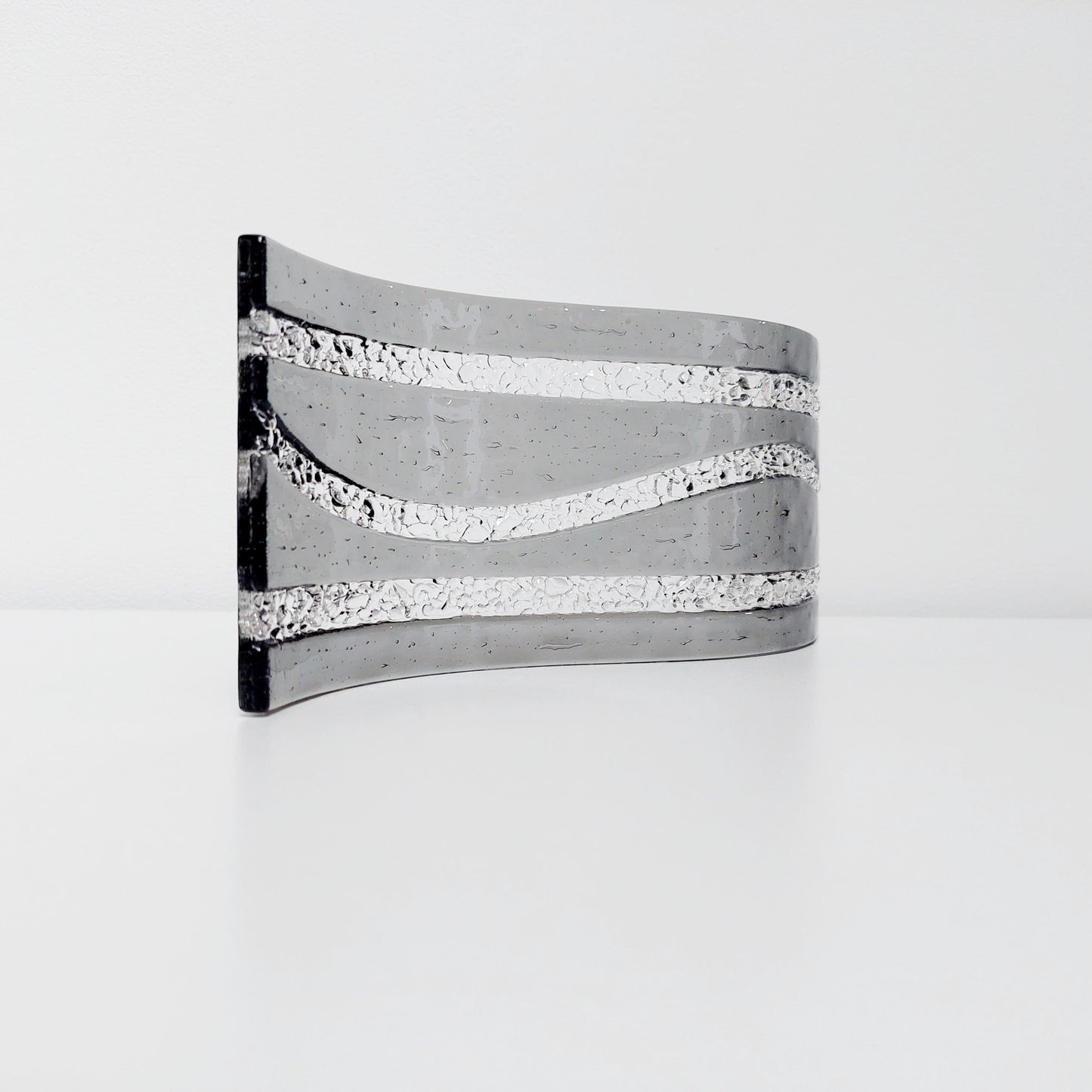 Silver Grey Glass Art Wave, Monochrome Mantlepiece Ornament