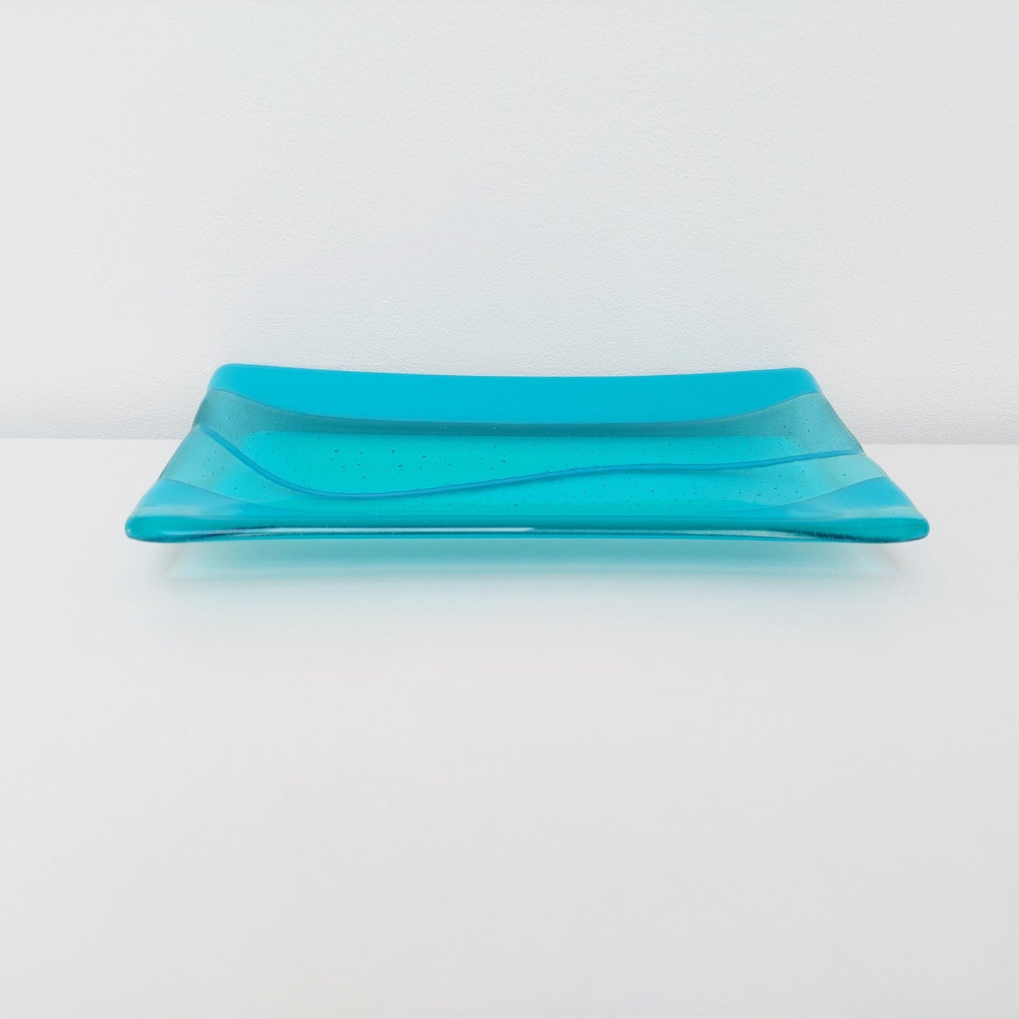 Aqua and Turquoise Glass Art Plate, Handmade Fused Glass Rectangular Platter, Contemporary Artisanal Coffee Table Trinket Dish, Aqua Décor