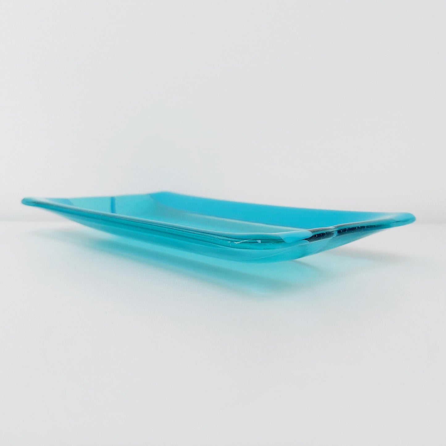 Aqua and Turquoise Glass Art Plate, Handmade Fused Glass Rectangular Platter, Contemporary Artisanal Coffee Table Trinket Dish, Aqua Décor