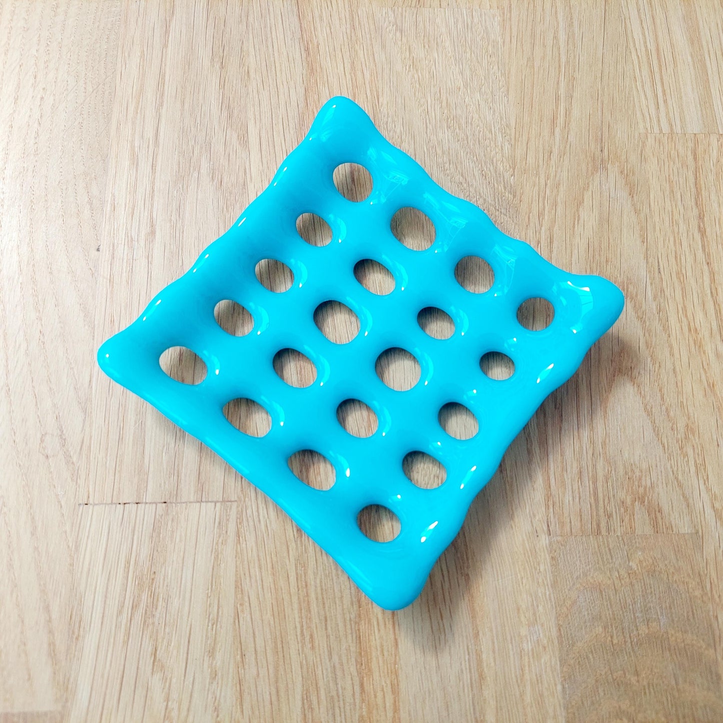 Pastel Turquoise Glass Soap Dish with Holes, Small Handcrafted Organic Fused Glass Art Tray, Unusual Candle Stand, Turquoise Bathroom Décor