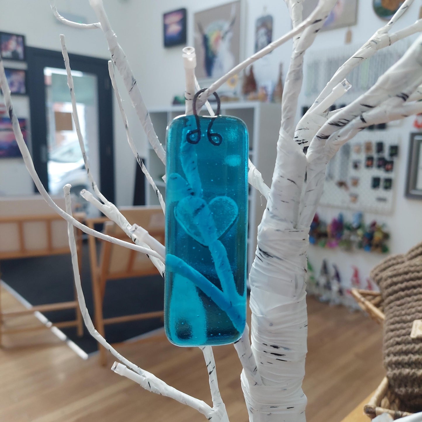 Turquoise Glass Heart Wish Stick, Small Handmade Blue Fused Glass Suncatcher with a Kiln Carved Heart, Turquoise Window Décor, Heart Décor