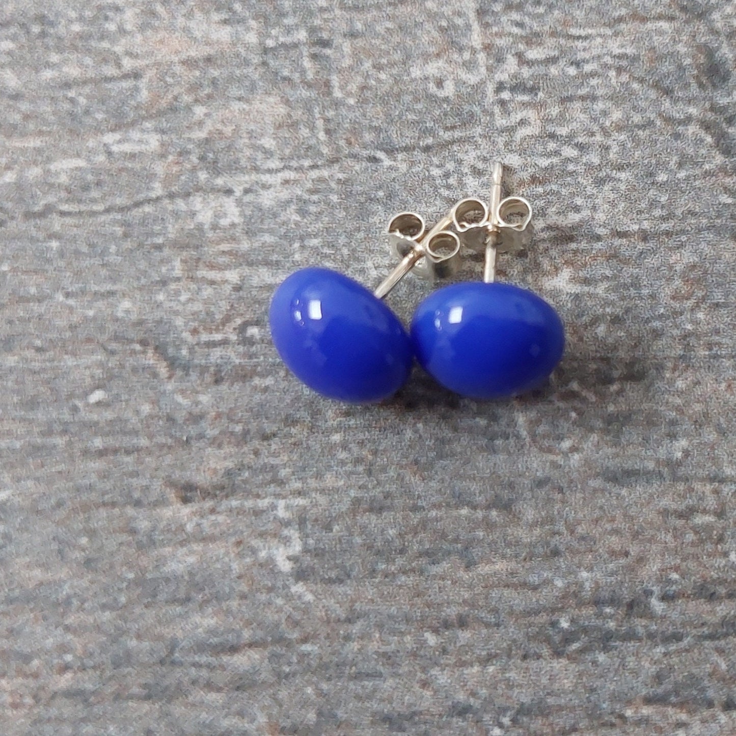 Cobalt Blue Glass Stud Earrings, Handmade Dark Blue Fused Glass Studs with 925 Sterling Silver Posts and Butterflies, Elegant Blue Earrings