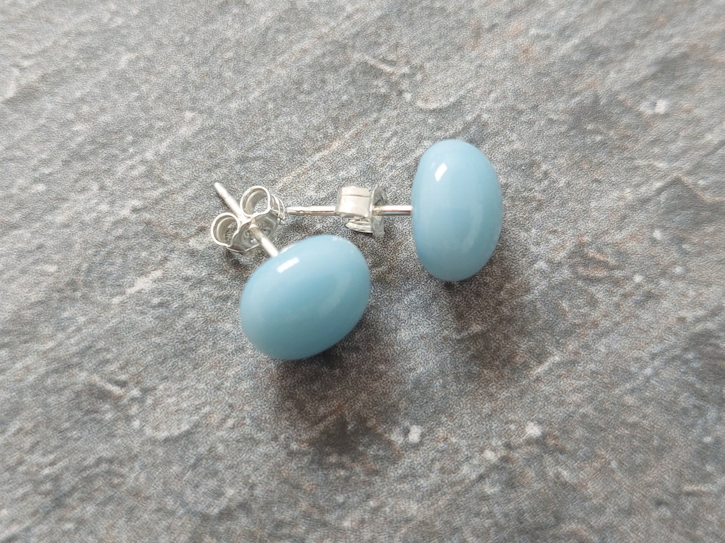 Light Blue-Grey Glass Stud Earrings with Sterling Silver Posts and Butterflies, Minimalist Fused Glass Studs, Small Pale Blue Earrings