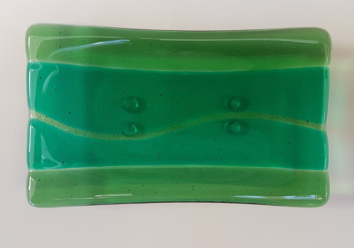 Green Glass Art Soap Dish, Handmade Emerald and Light Green Soap Tray
