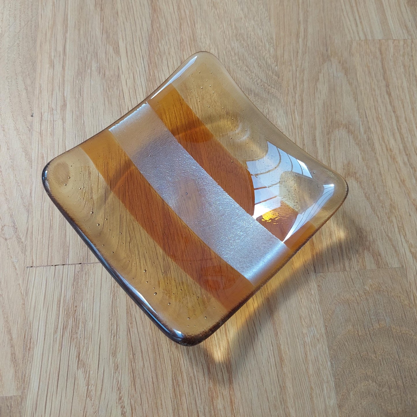 Amber Glass Art Trinket Dish, Opulent Handmade Fused Glass Jewellery Bowl, Small Artisanal Bedside Table Dish, Luxurious Amber Bedroom Décor