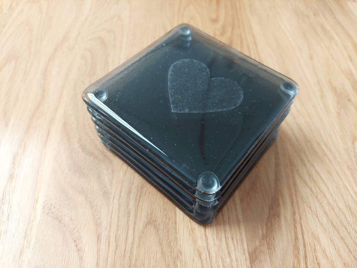 Grey Glass Heart Coasters, Handmade Silver Grey Fused Glass Coasters with a Large Kiln Carved Love Heart, Grey Coffee Table Mat, Grey Décor