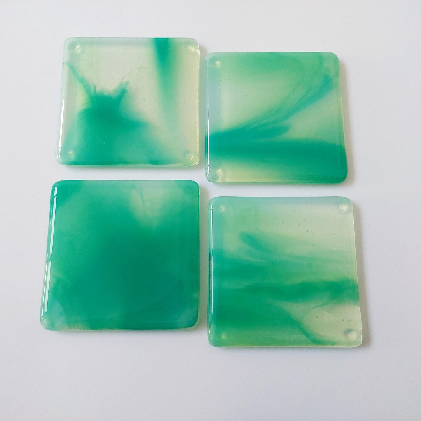 Rydal Water Glass Art Coasters, Unusual Handmade Green Fused Glass Coasters, Contemporary Coffee Table Mats, Natural Green Living Room Décor