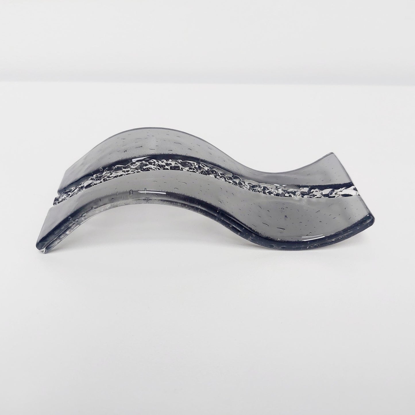 Small Minimalist Grey Glass Wave, Handmade Freestanding Textured Glass Art Panel, Silver Grey Mantlepiece Ornament, Grey Living Room Décor