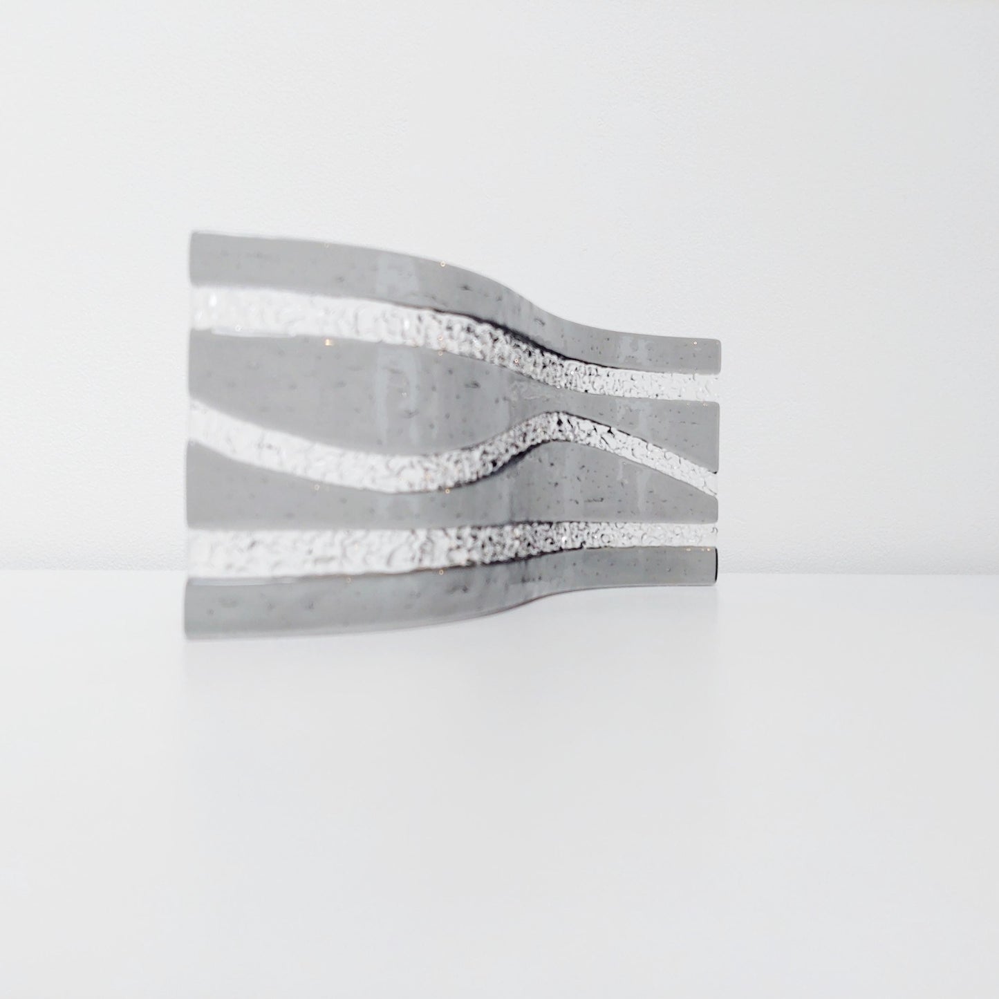 Silver Grey Glass Art Wave, Monochrome Mantlepiece Ornament