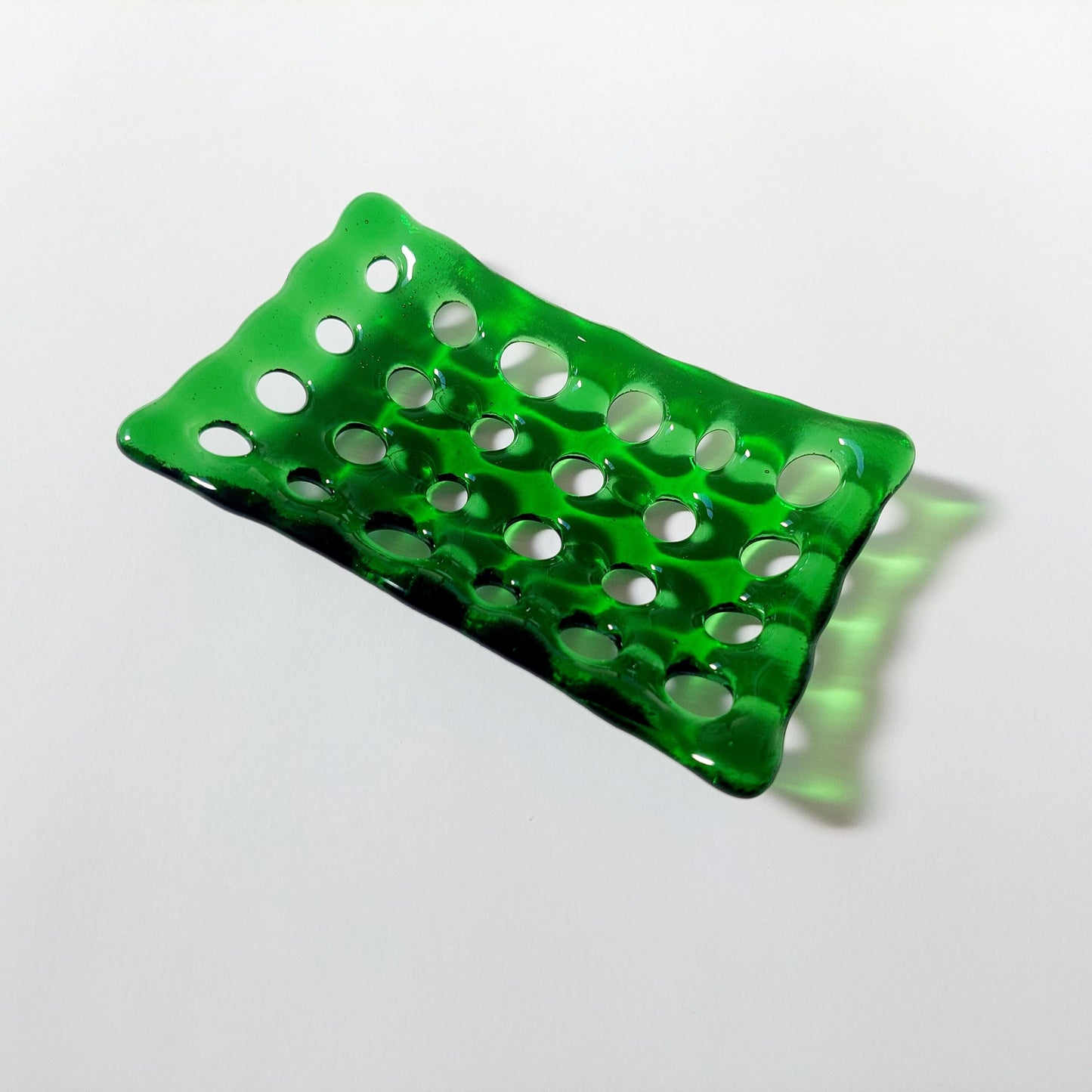 Rectangular Green Glass Soap Dish with Holes, Light Green Bathroom Decor