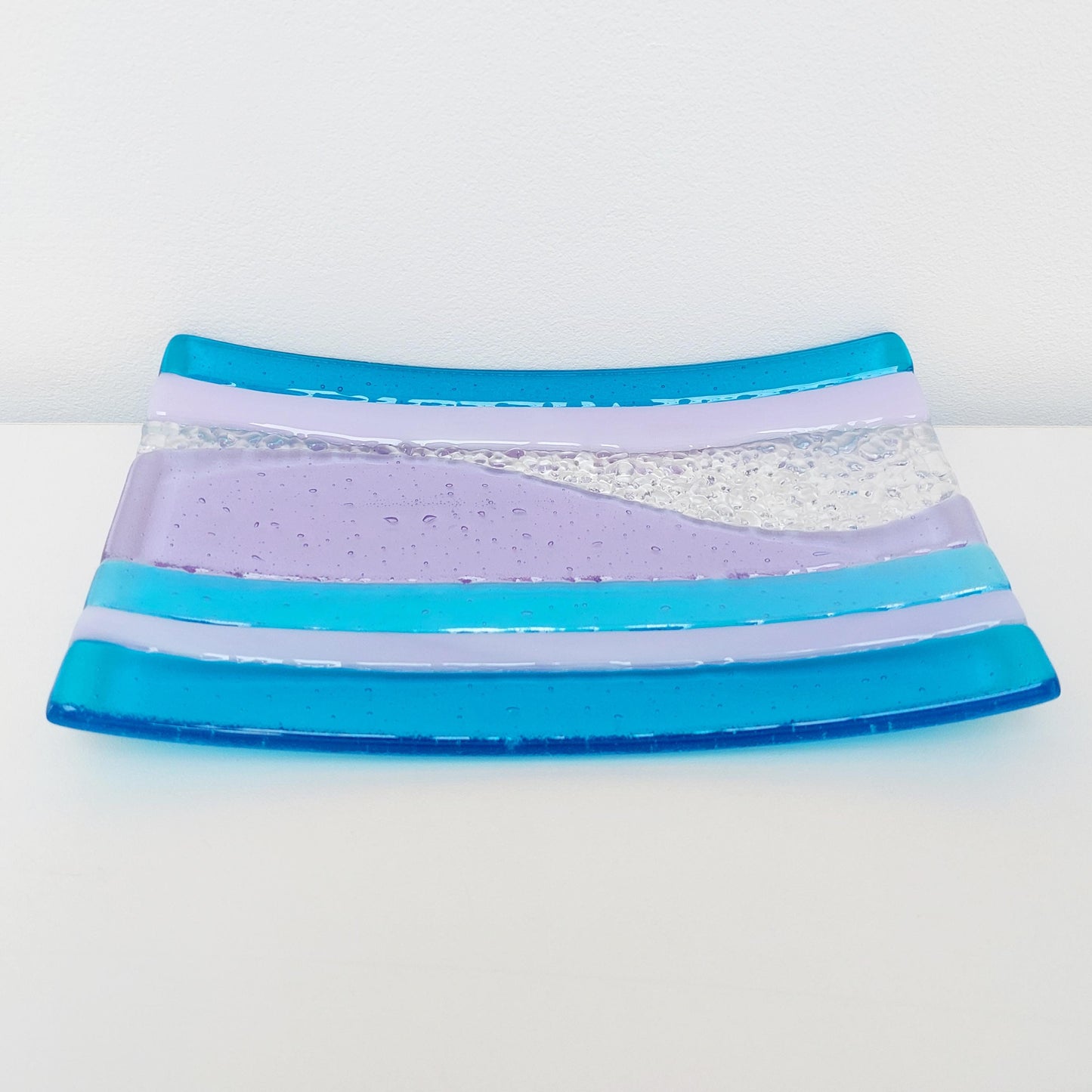 Lilac and Turquoise Decorative Plate, Artisanal Fused Glass Art Coffee Table Centrepiece, Beautiful Textured Decorative Tray, Lilac Décor