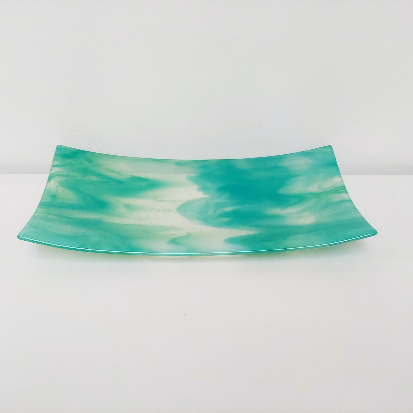 Rydal Water Glass Art Platter, Large Green and Teal Opaline Plate