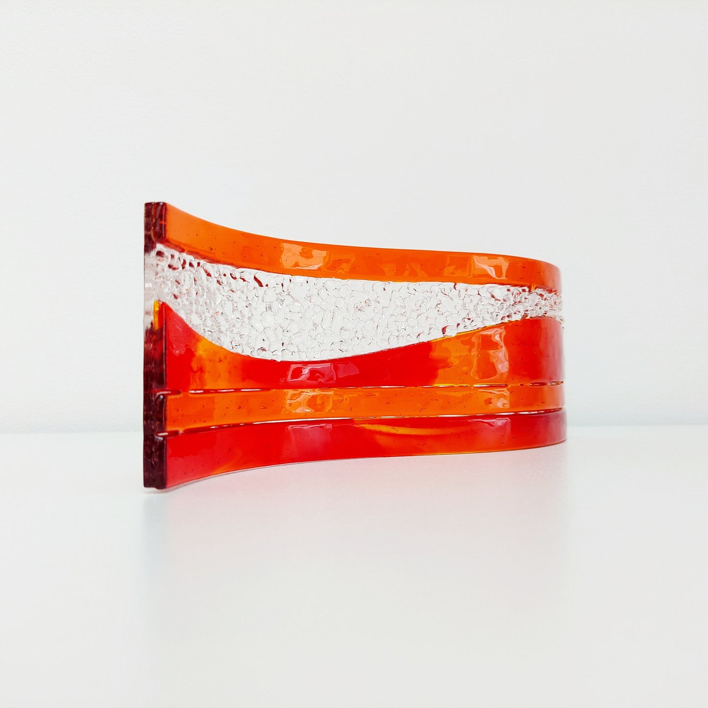 Handmade Sunset Glass Art Wave, Freestanding Red and Orange Fused Glass S Curve, Contemporary Mantlepiece Ornament, Red Living Room Décor