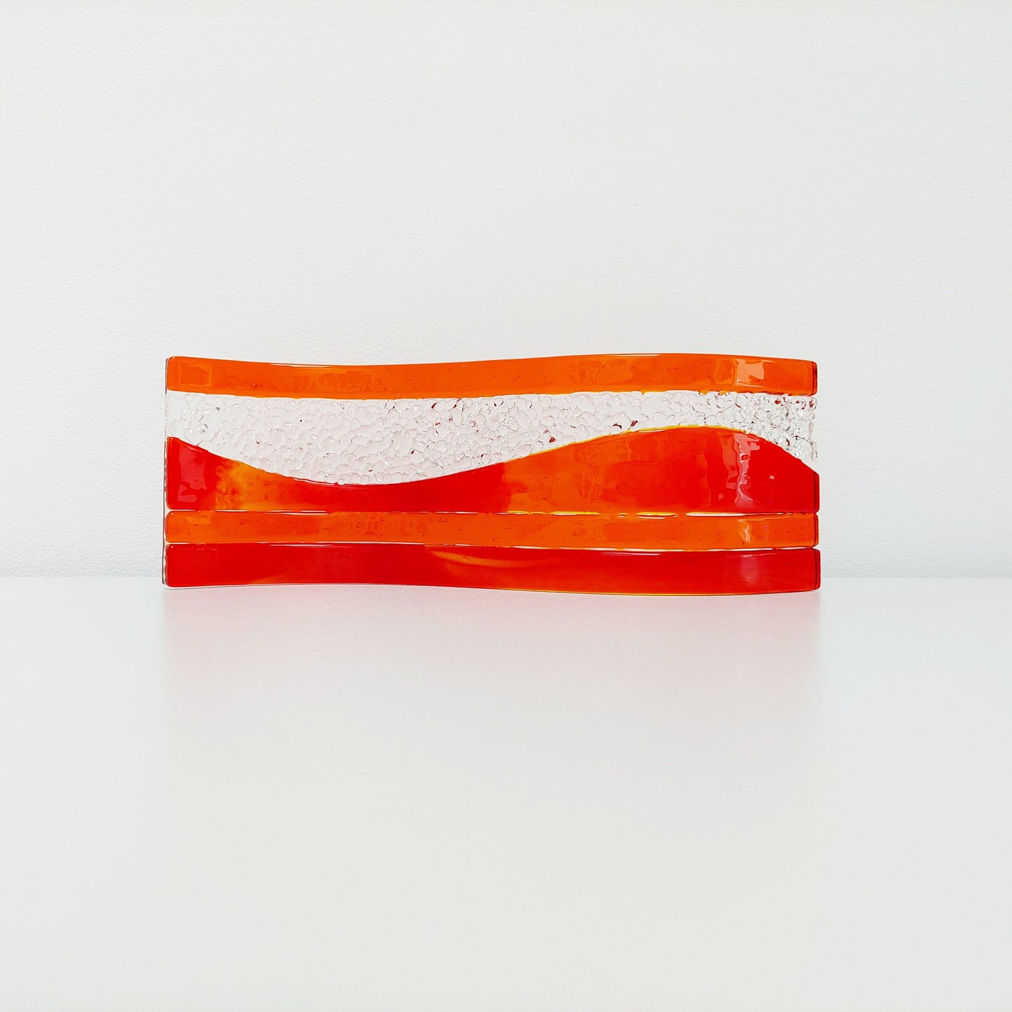 Handmade Sunset Glass Art Wave, Freestanding Red and Orange Fused Glass S Curve, Contemporary Mantlepiece Ornament, Red Living Room Décor
