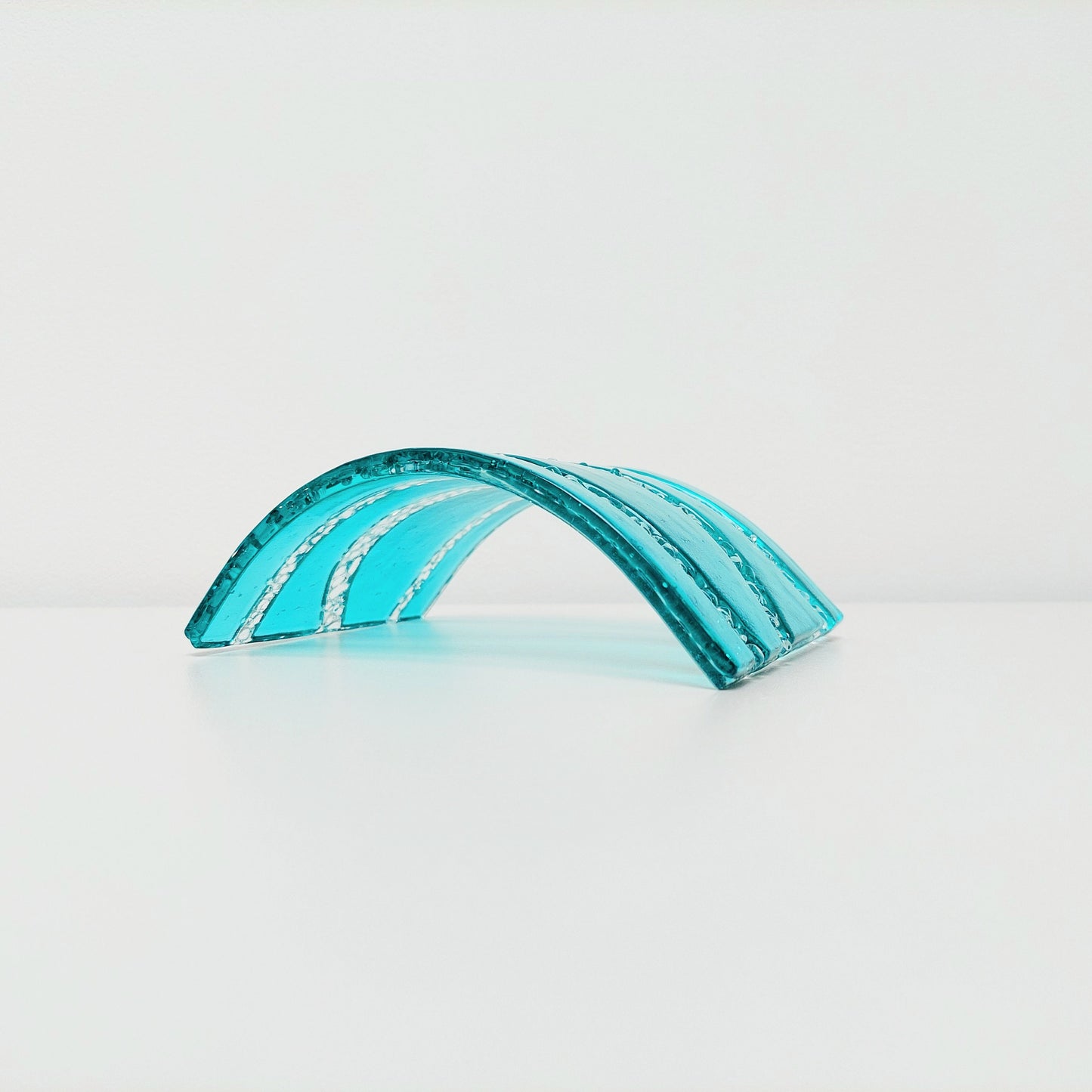 Abstract Aqua Glass Art Curve, Unusual Handmade Fused Glass Mantlepiece Ornament, Aqua Living Room Décor, Freestanding Windowsill Suncatcher