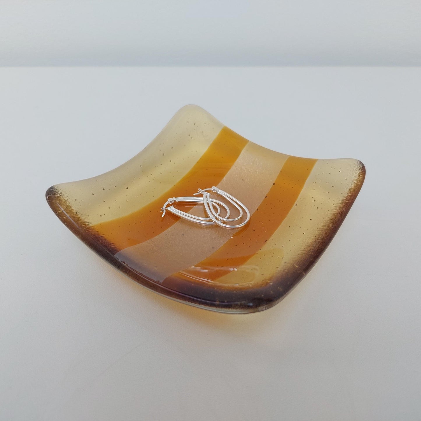 Amber Glass Art Trinket Dish, Opulent Handmade Fused Glass Jewellery Bowl, Small Artisanal Bedside Table Dish, Luxurious Amber Bedroom Décor