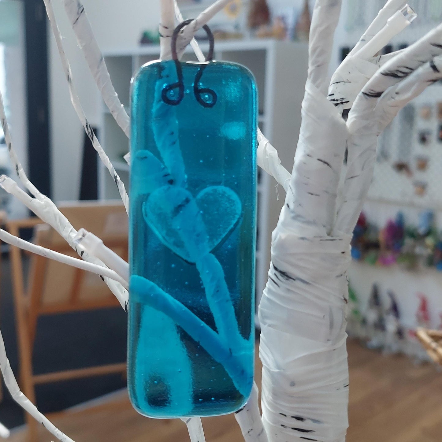 Turquoise Glass Heart Wish Stick, Small Handmade Blue Fused Glass Suncatcher with a Kiln Carved Heart, Turquoise Window Décor, Heart Décor