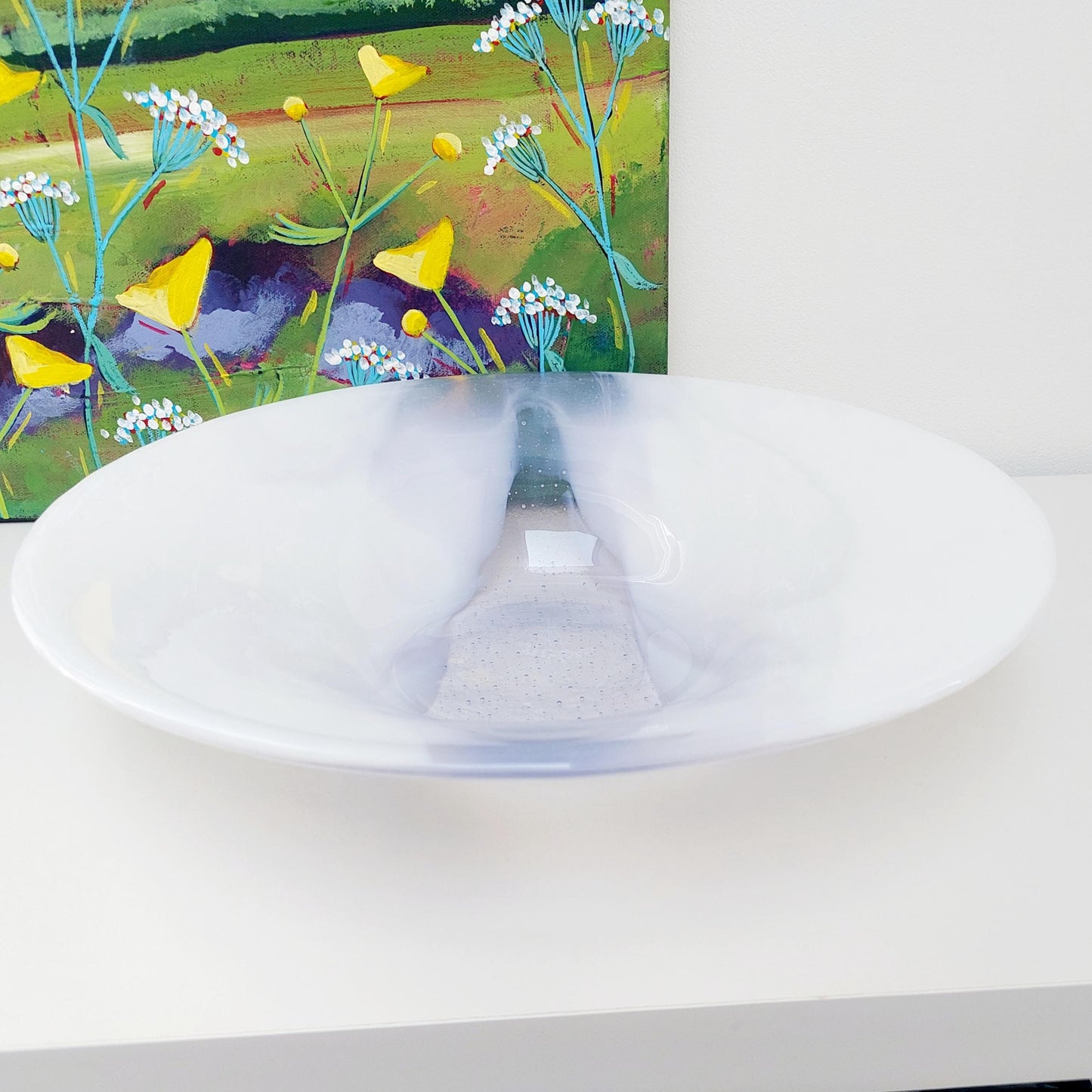 Large Lilac Glass Art Bowl, Handmade White Kiln Formed Bowl with a Light Purple Cascade, Contemporary Fruit Bowl, Artisanal Wedding Gift