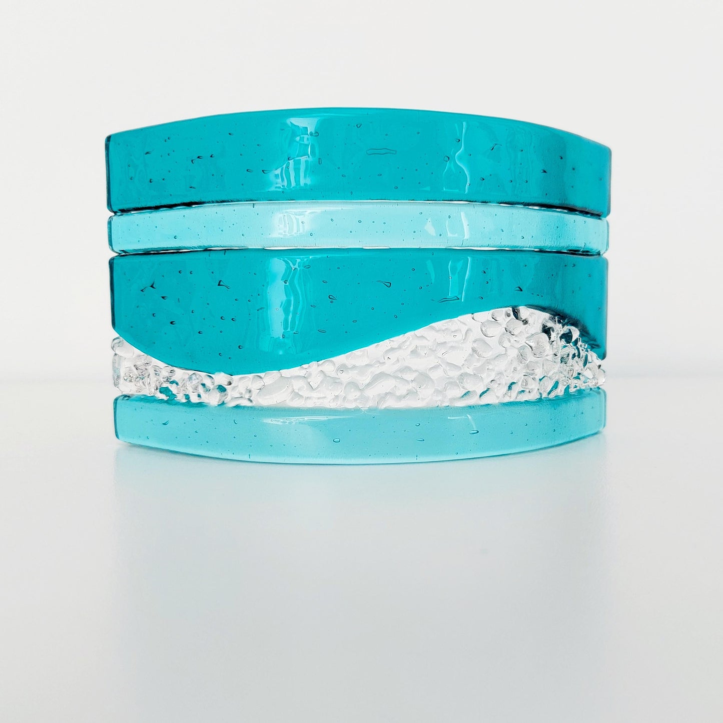 Teal and Aqua Glass Art Curve, Handmade Textured Glass Mantlepiece Ornament, Teal Living Room Décor, Freestanding Teal Glass Candle Screen