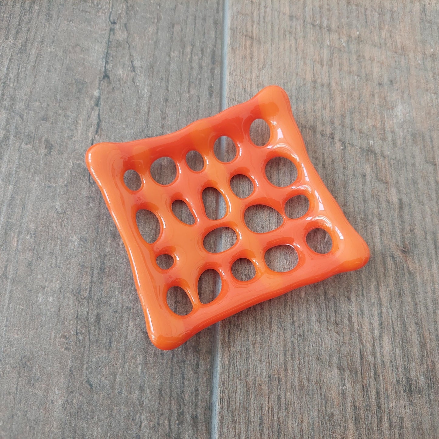 Vibrant Orange Glass Soap Dish with Holes, Handcrafted Fused Glass Soap Tray, Small Organic Glass Art Tray, Boho Orange Bathroom Décor