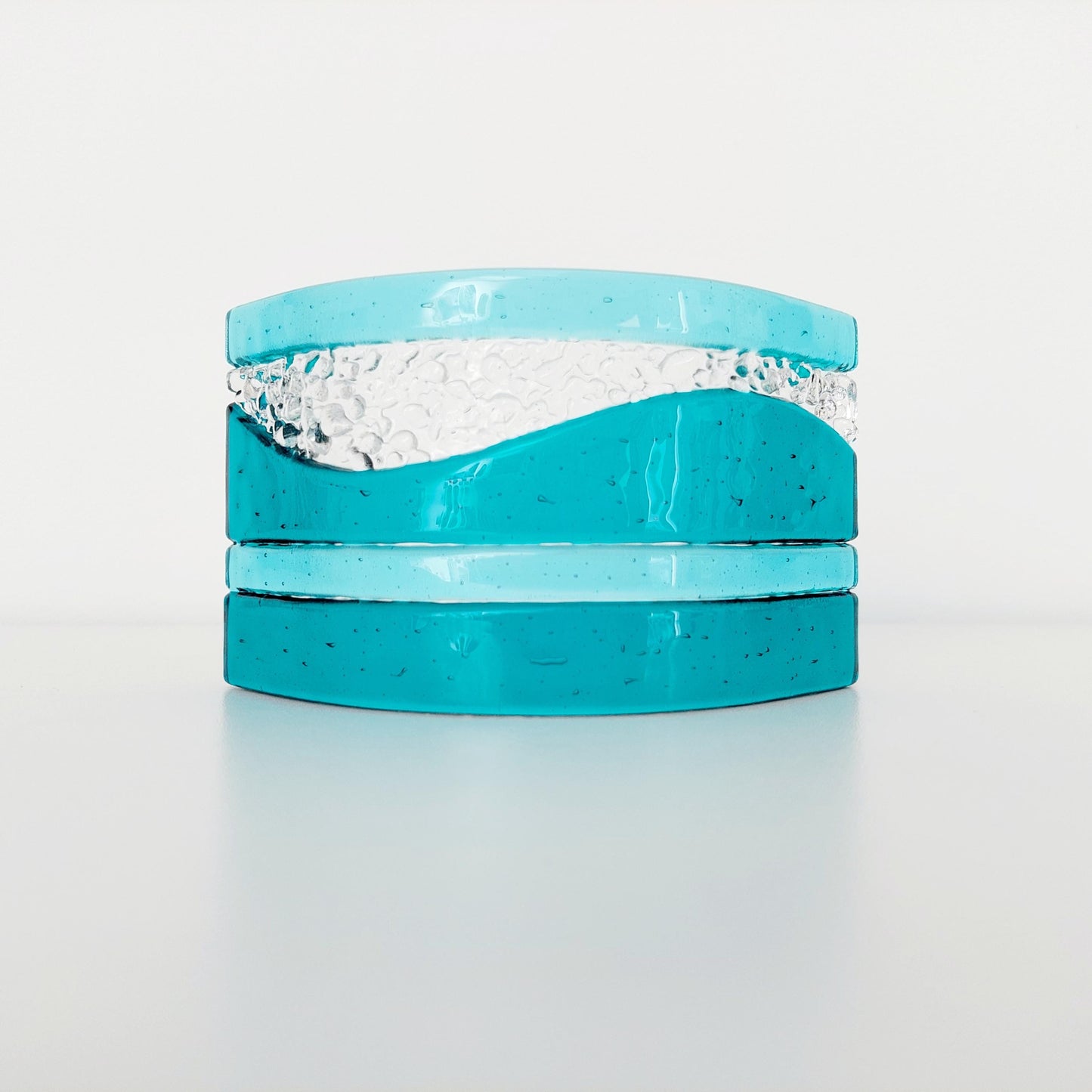 Teal and Aqua Glass Art Curve, Handmade Textured Glass Mantlepiece Ornament, Teal Living Room Décor, Freestanding Teal Glass Candle Screen