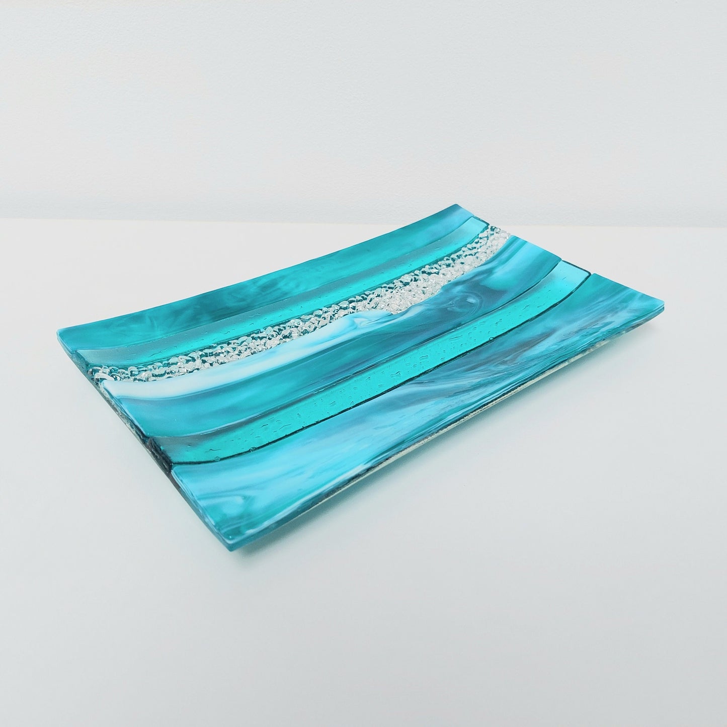 Teal and Aqua Glass Art Plate, Handmade Textured Fused Glass Decorative Tray, Artisan Teal Coffee Table Centrepiece, Beach House Décor