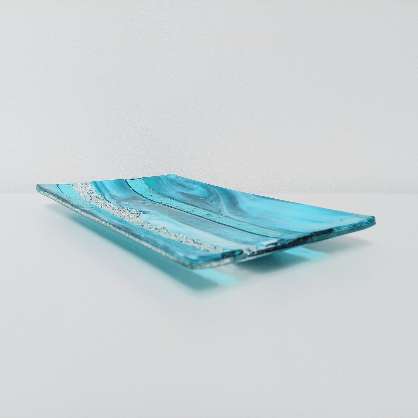 Teal and Aqua Glass Art Plate, Handmade Textured Fused Glass Decorative Tray, Artisan Teal Coffee Table Centrepiece, Beach House Décor