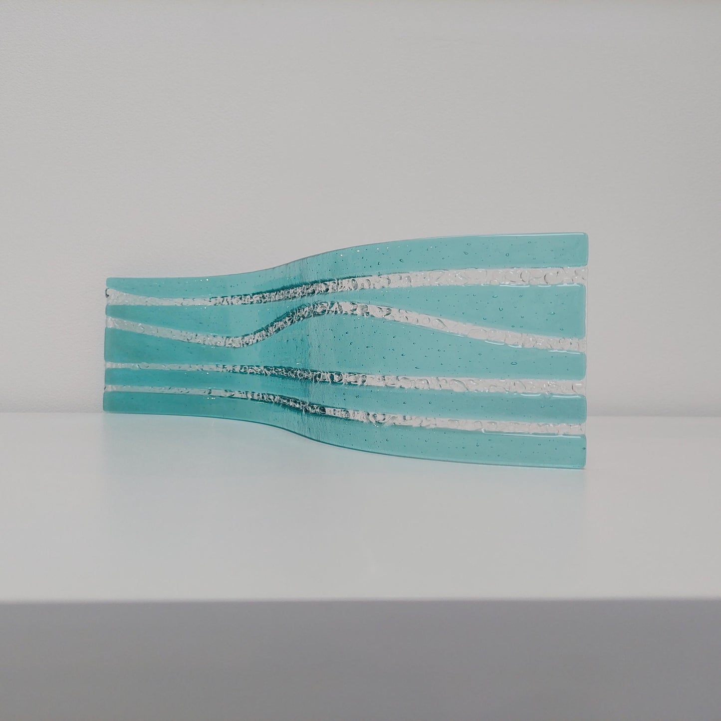 Large Abstract Aqua Glass Wave, Handmade Fused Glass Mantlepiece Ornament, Living Room Statement Piece, Aquamarine Décor, Beach House Décor