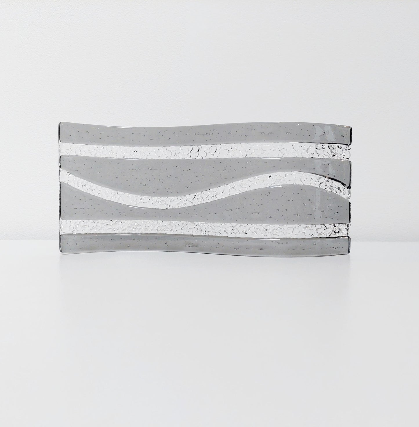 Silver Grey Glass Art Wave, Monochrome Mantlepiece Ornament