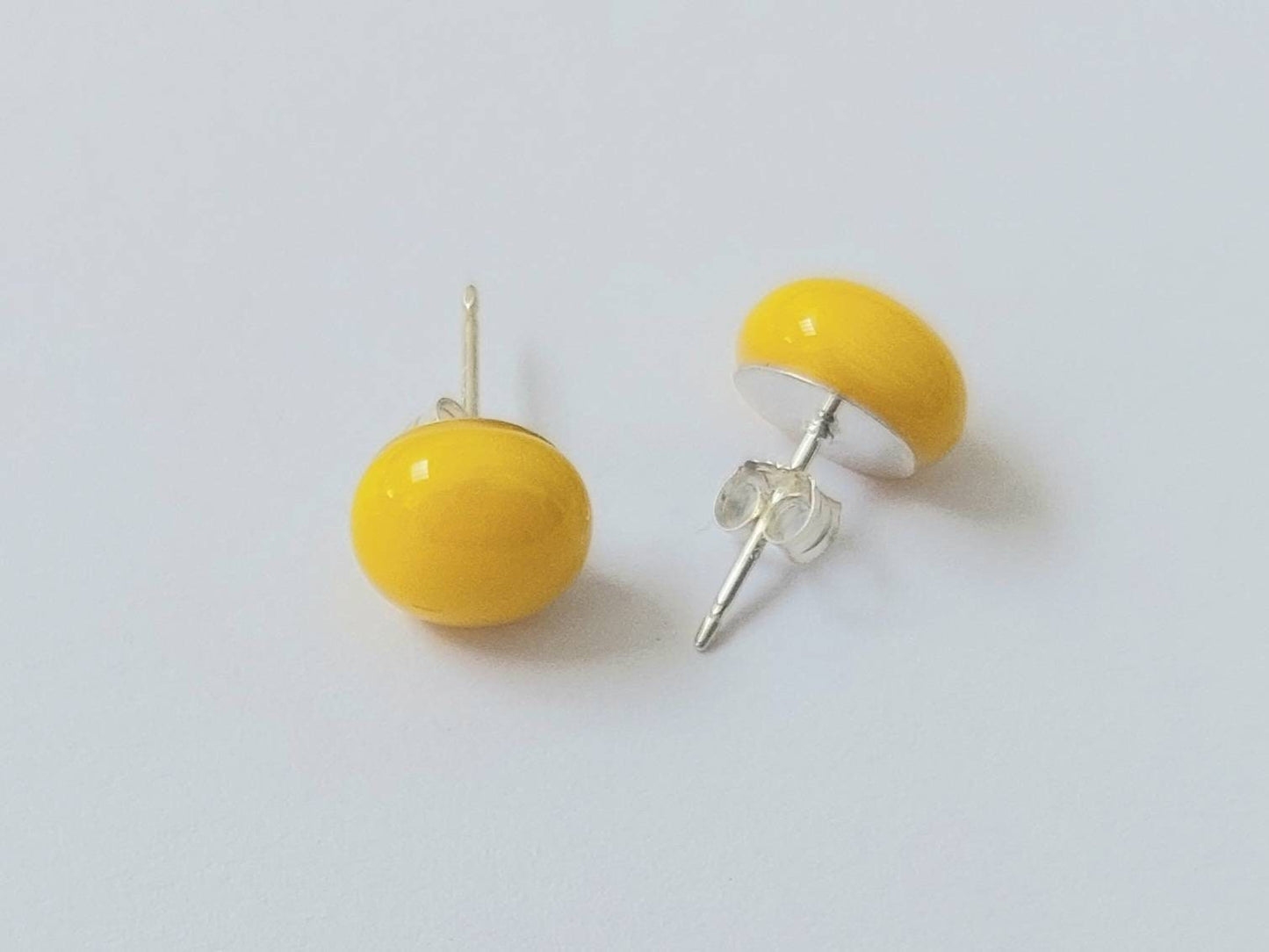 Sunshine Yellow Glass Stud Earrings with Sterling Silver Posts and Butterfly Closures, Small Fused Glass Studs, Vibrant Yellow Earrings
