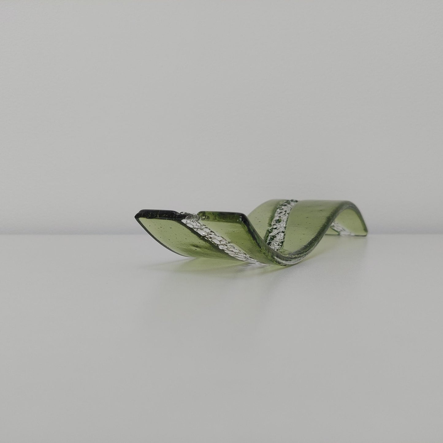 Fern Green Glass Art Wave, Handmade Natural Green Fused Glass Shelf Ornament with Crushed Crystal Clear Glass Accents, Natural Green Décor