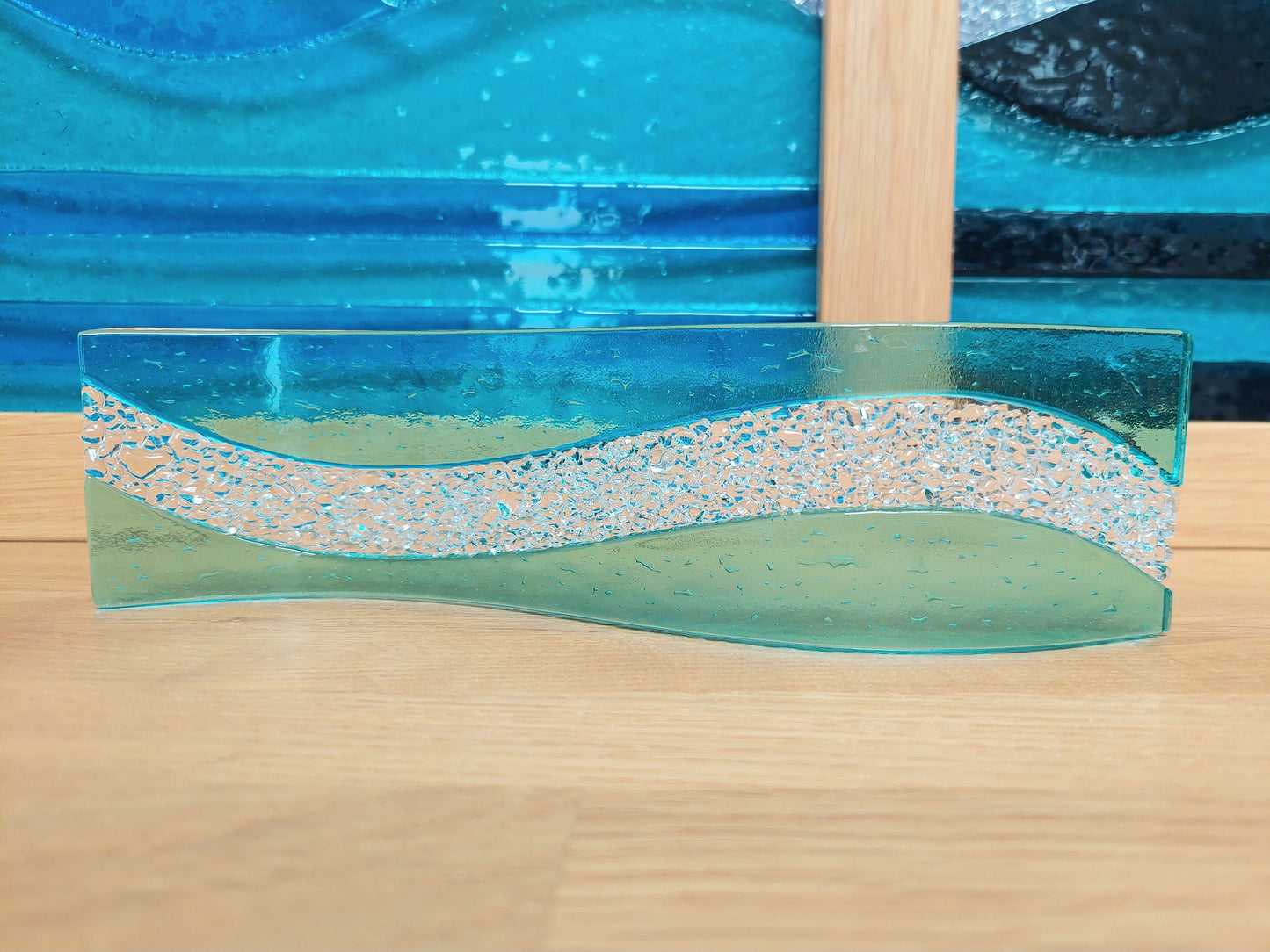 Abstract Aqua Glass Art Wave, Handmade Sea Green Fused Glass Ornament, Minimalist Freestanding Suncatcher, Contemporary Aqua Bathroom Décor