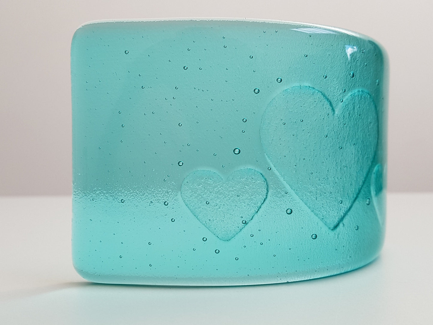 Aqua Glass Heart Ornament, Handmade Fused Glass Curve