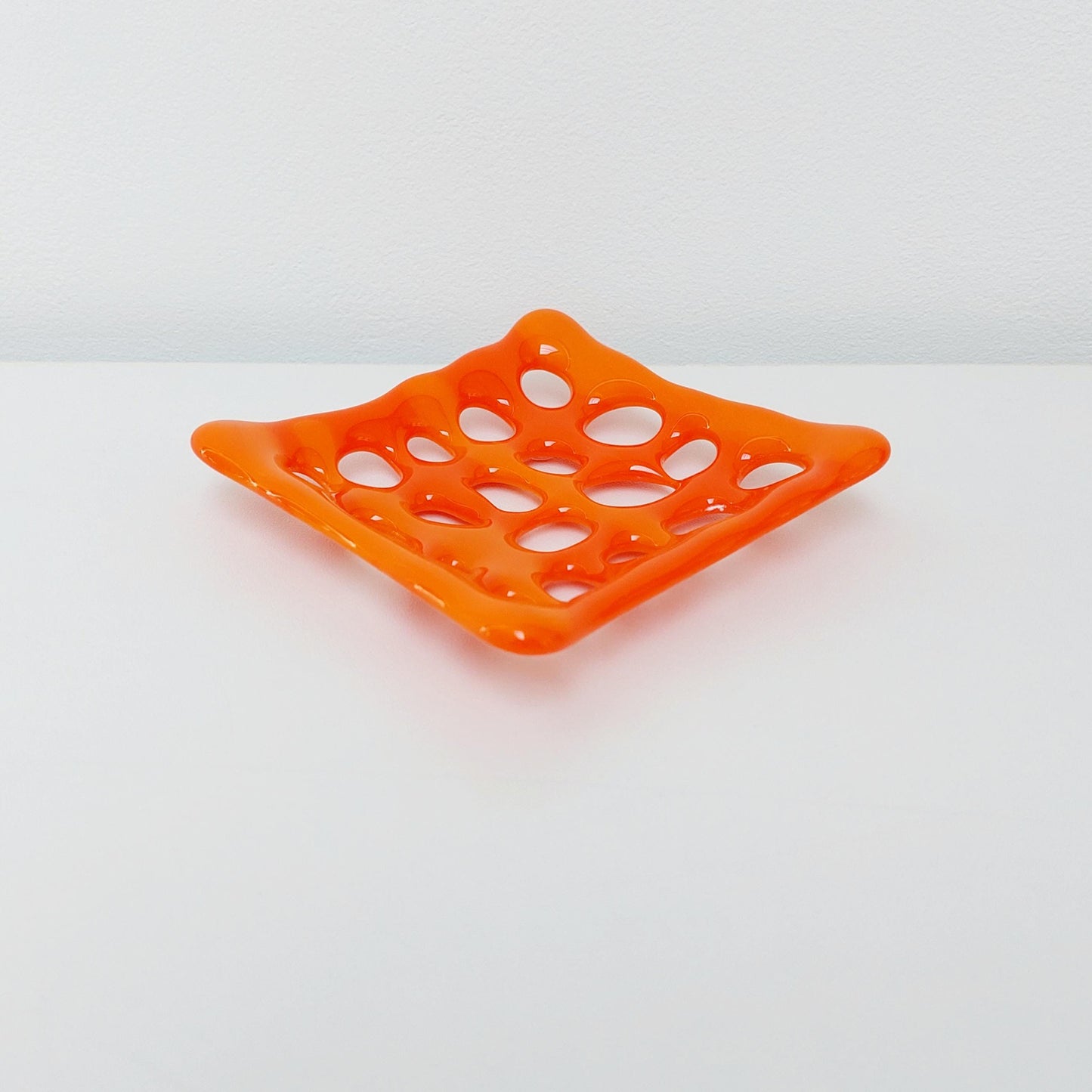 Vibrant Orange Glass Soap Dish with Holes, Handcrafted Fused Glass Soap Tray, Small Organic Glass Art Tray, Boho Orange Bathroom Décor