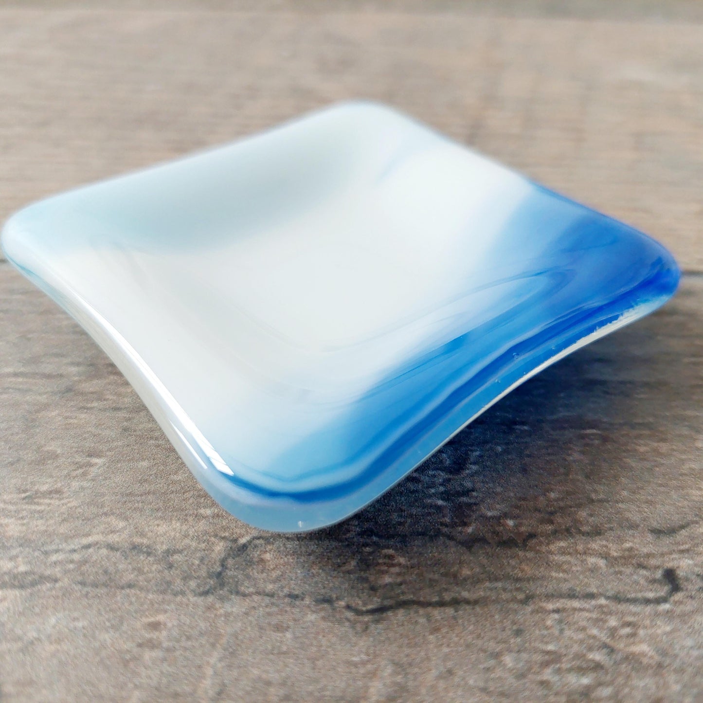 Blue and White Glass Dish, Small Handmade Fused Glass Art Trinket Dish, Classic Bedside Table Earring Bowl, Blue and White Bedroom Décor