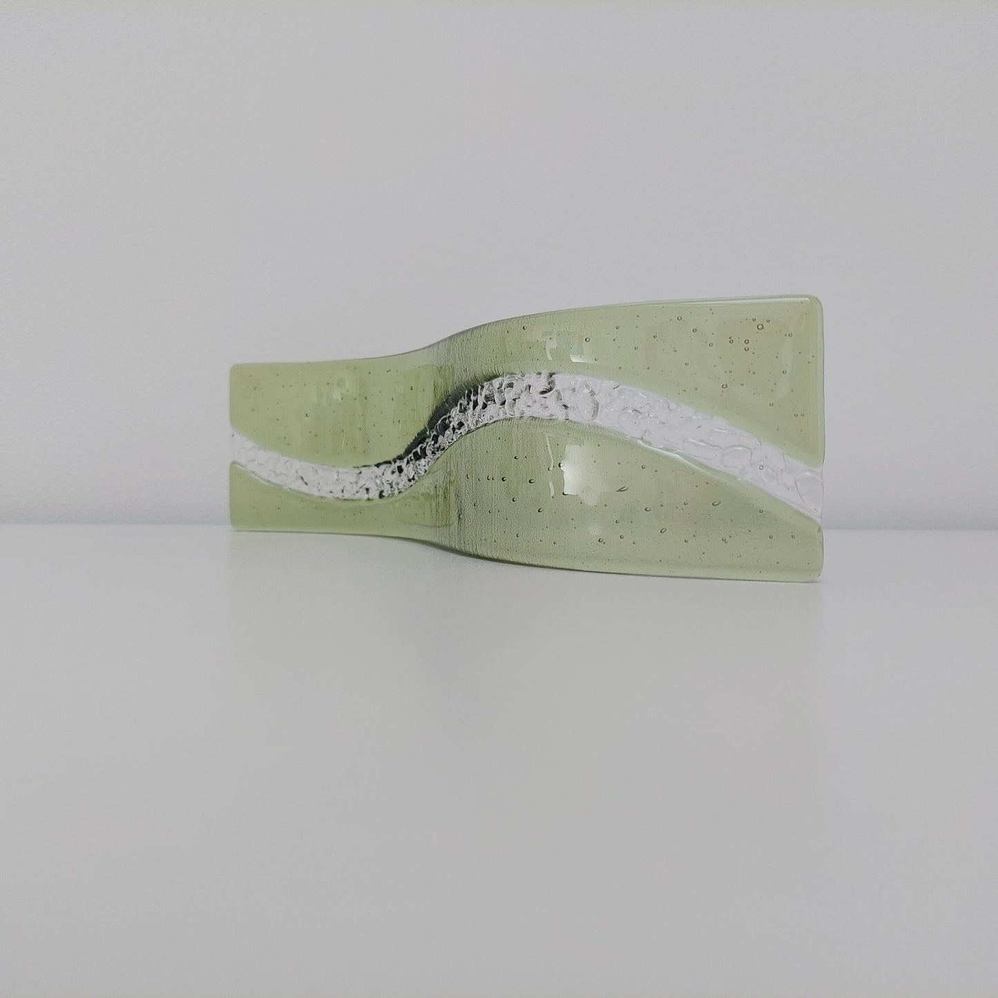 Fern Green Glass Art Wave, Handmade Natural Green Fused Glass Shelf Ornament with Crushed Crystal Clear Glass Accents, Natural Green Décor
