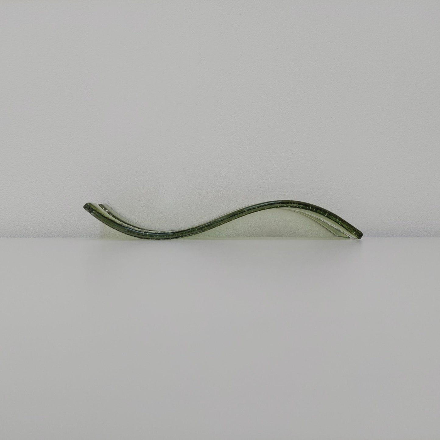 Fern Green Glass Art Wave, Handmade Natural Green Fused Glass Shelf Ornament with Crushed Crystal Clear Glass Accents, Natural Green Décor